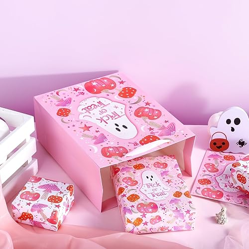 Miniatura 5 de WRAPAHOLIC Bolsa de regalo grande rosa de Halloween de 13 pulgadas con tarjeta y papel de seda, diseño de letras de fantasma rosa y truco o trato