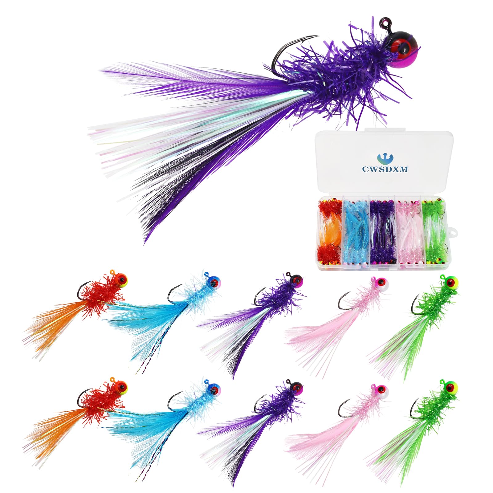 40pcs Crappie Jigs, Marabou Feather Hair Jigs, Heads with Feather Hand-Tied Fishing Hair Jigs for Panfish Sunfish Walleye 1/28oz,1/14oz