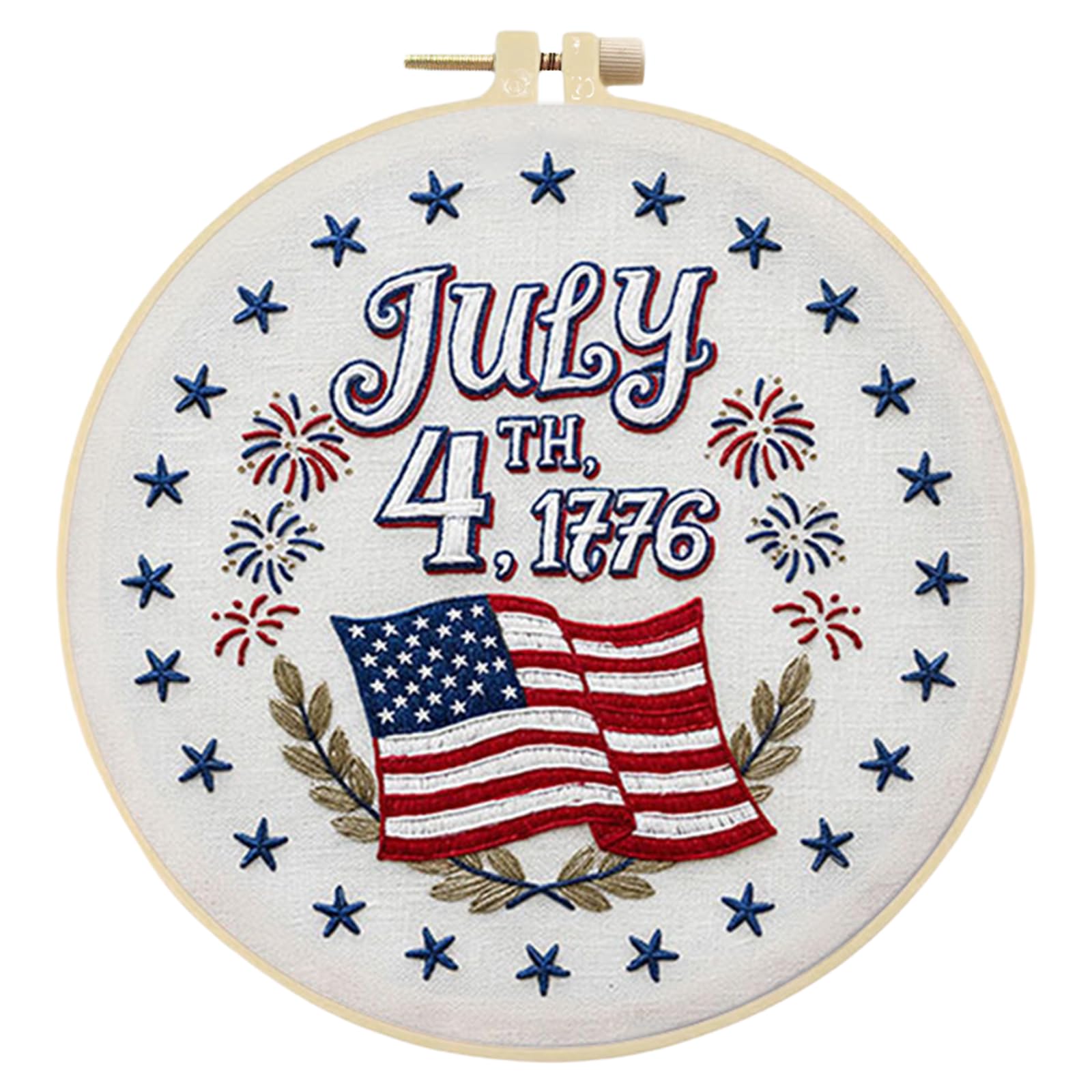 29x29cm July 4th Flag DIY Cotton Embroidery Kit Stamped Cross Stitch Kit with Embroidery Hoop Independence Day Hand Stitch Kit Handmade Independence Day Needlepoint Kit for Craft Lover Gift