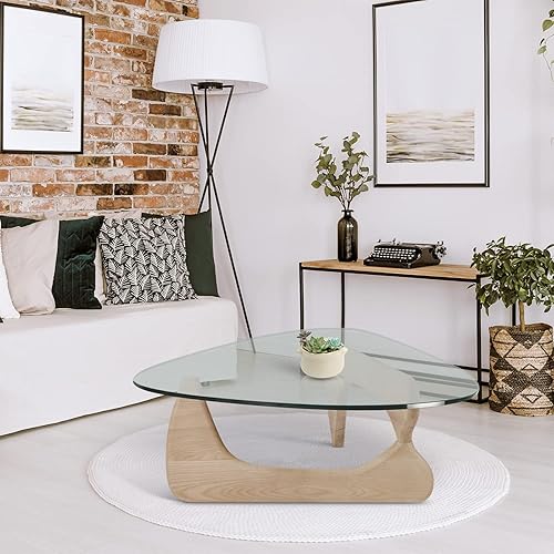 Miniatura 119 de Pequeña mesa auxiliar ovalada de cristal, mesa moderna triangular para sala de estar, centro negro, base de madera maciza y parte superior