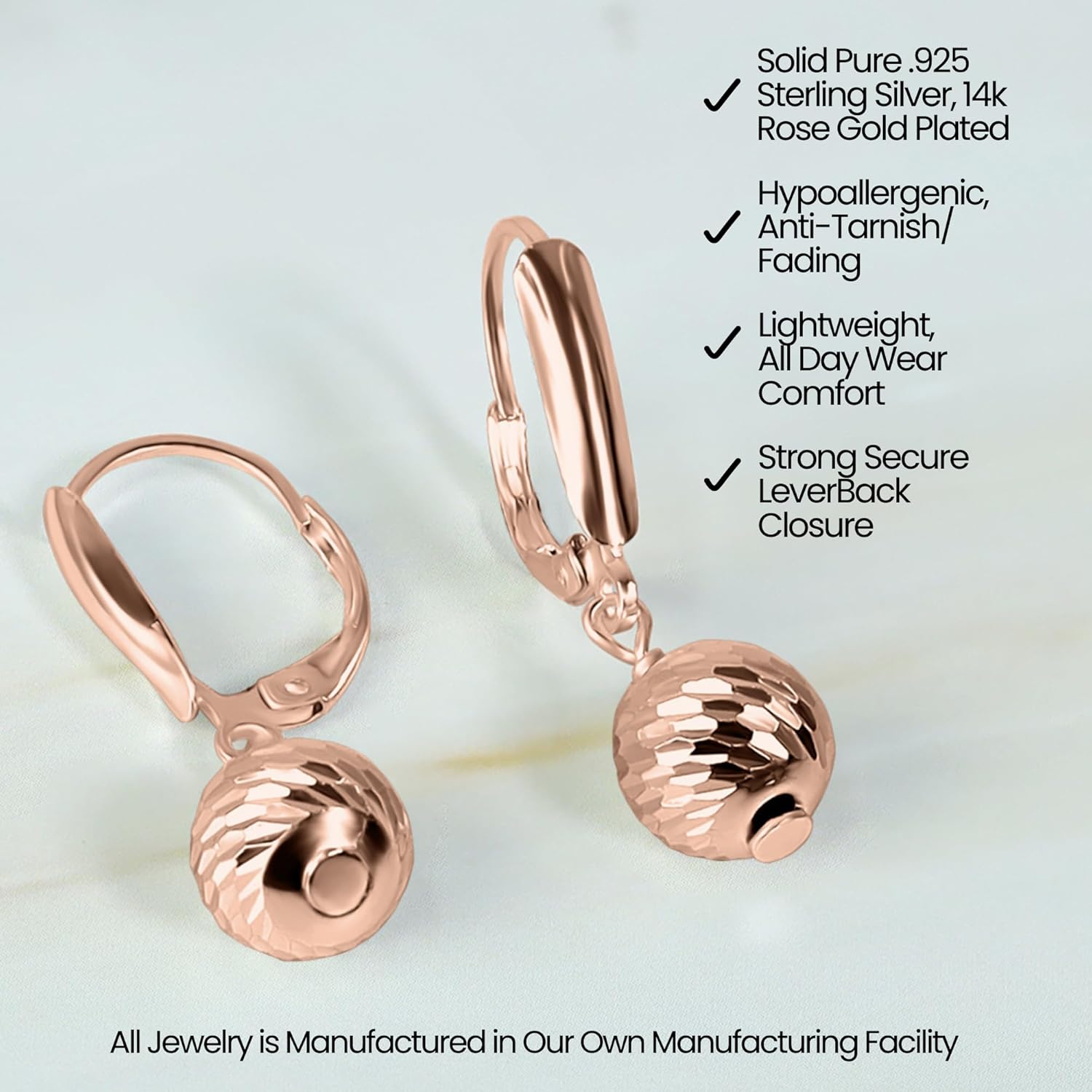 Hoops & Loops 925 Sterling Silver Diamond-Cut Beads Dangle Leverback Earrings, 8mm or 10mm | Silver, Yellow Gold, Rose Gold, Black