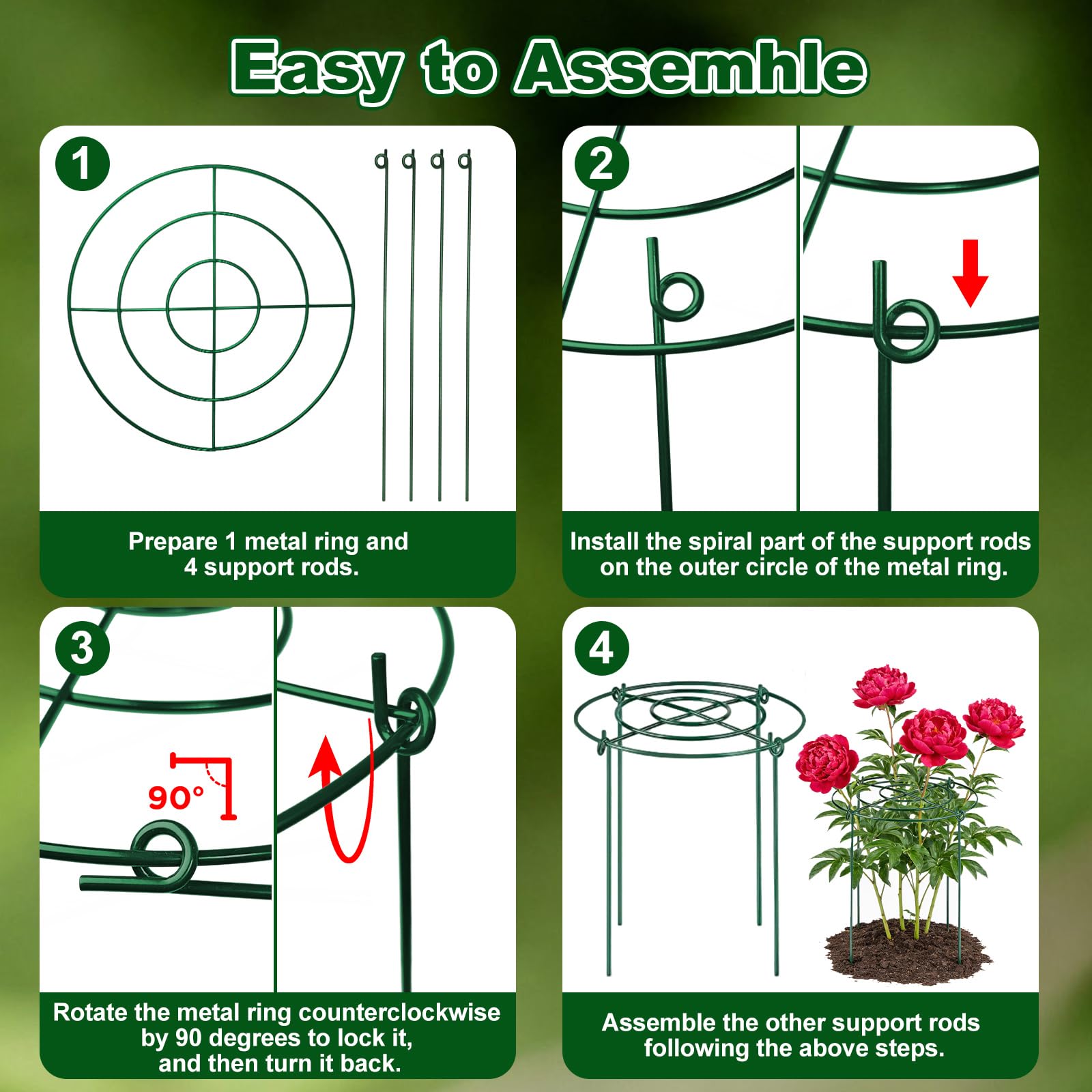 Lot de 10 cages et supports de pivoine en métal avec 20 attaches torsadées pour plantes d'intérieur et d'extérieur, kit de support de plantes pour pivoine, rose, tomate, hortensia