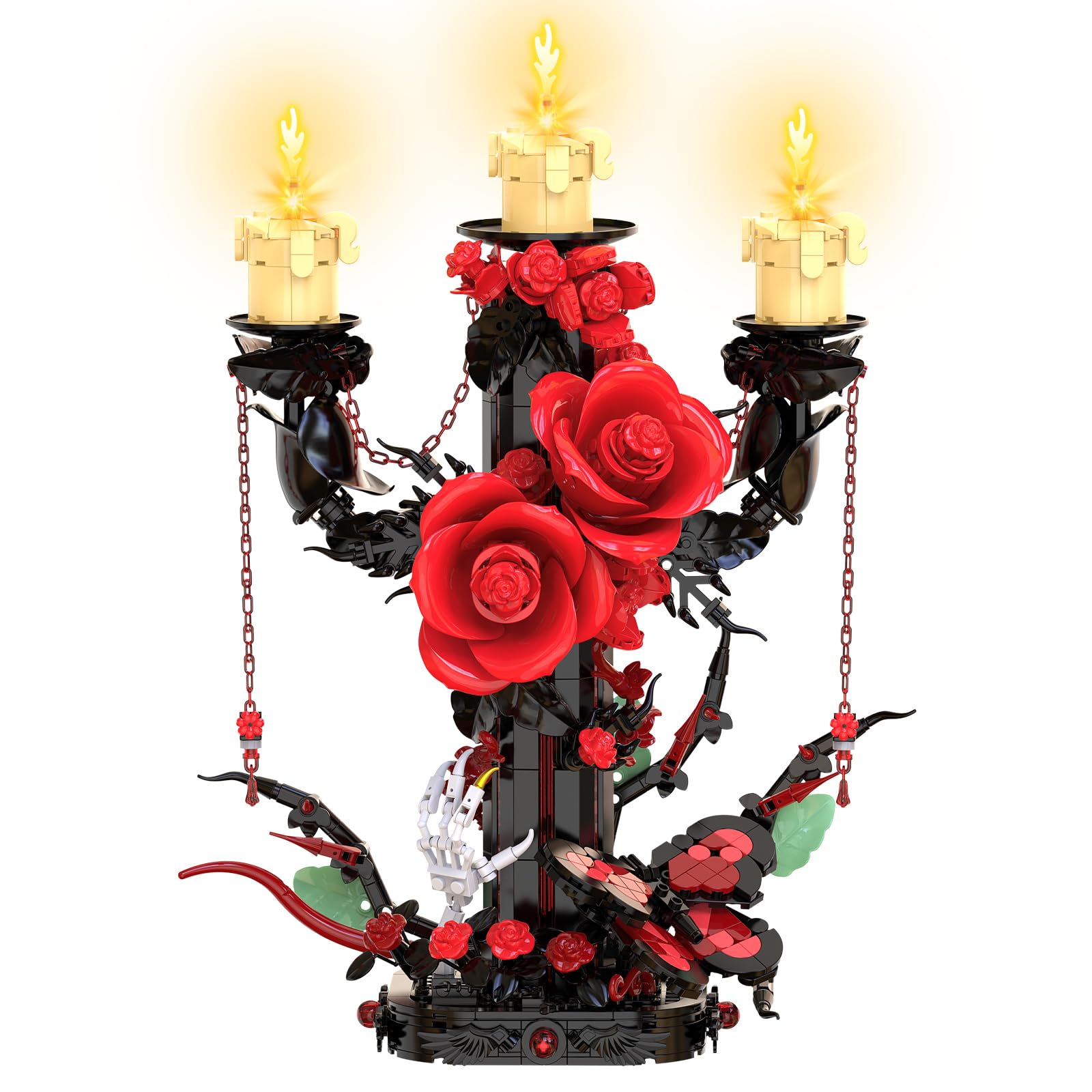 Light-up Gothic Rose Candelabra Building Blocks Set with Skeleton Hand | Halloween Horror 3-Arm Candelabra Decor Building Set with Flower and Butterfly, Gift for Adults Girls Women, 917 PCS