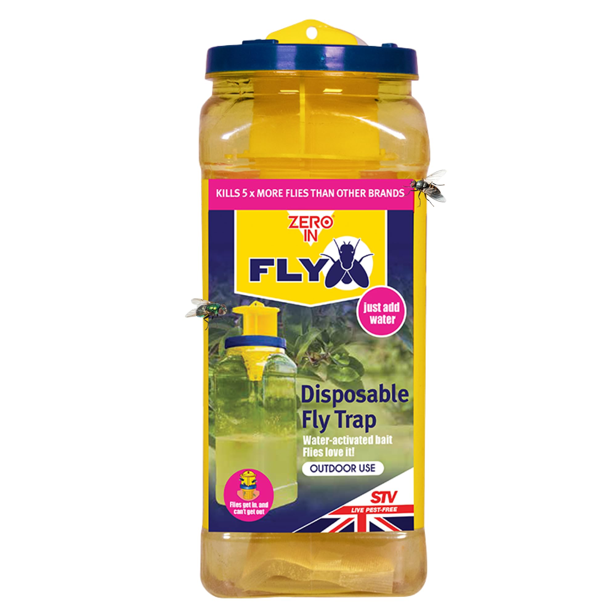 Zero In Ready Baited Disposable Fly Trap - Single-Use Water-Activated Fly Catcher - 4-Week Protection, Easy Setup & Disposal with Hang-Tab - Attracts Flies Up to 10 Metres