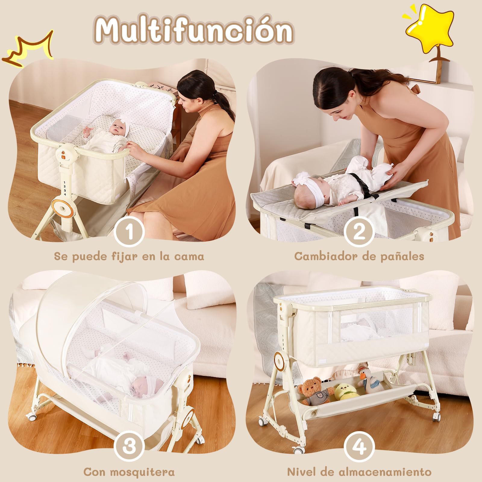 HOLAVIDA 5 en 1 Cuna Colecho, Moises para Bebe, Ajustables Colecho Bebe Cuna con Cambiador, Cesta de Almacenamiento, Mosquitera, Colchón, Portable Crib Mecedora para Recién Nacidos (Beige)