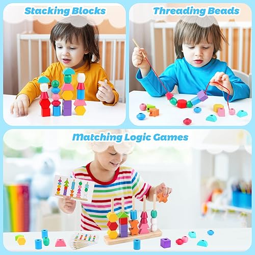 Miniatura 6 de Educational Montessori Toy Set - Wooden Beads Sequencing, Stacking Blocks, Lacing Beads & Shape Stacker - STEM Learning for 3 4 5 Year Olds for Kids!