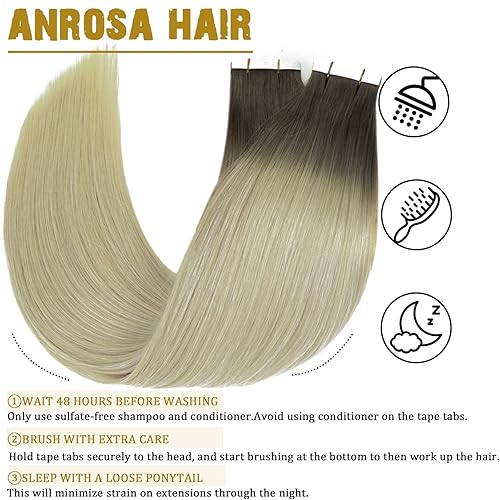Miniatura 4 de Anrosa Extensiones de cabello humano con cinta adhesiva, 14 pulgadas, color marrón ceniza a rubio, extensiones de cabello humano Remy, extensiones