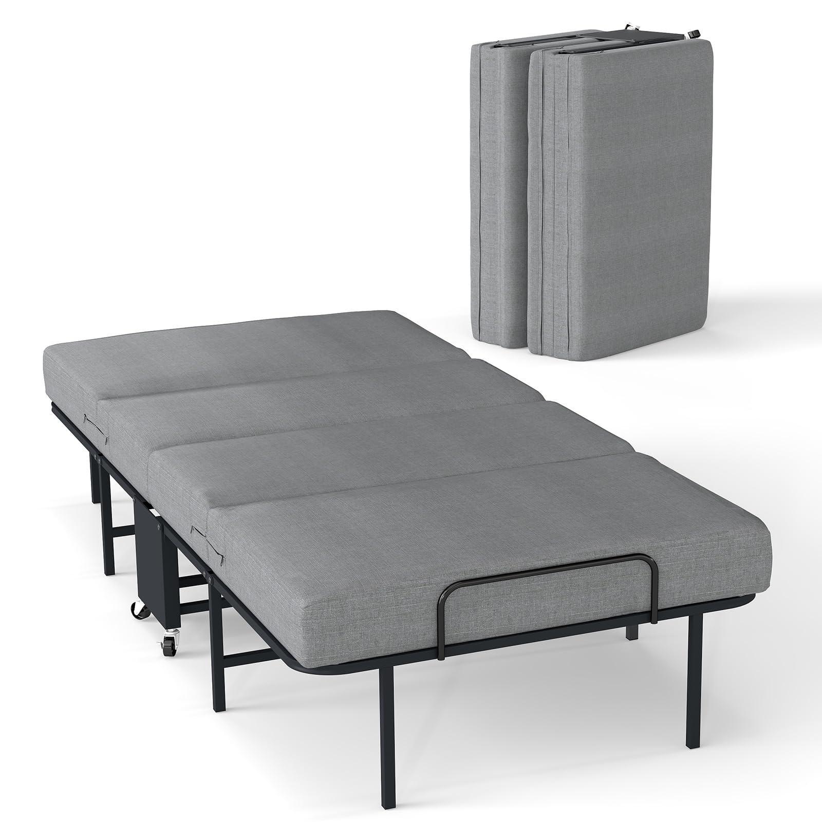 RVONOW Folding Bed with Mattress, 97x196cm Fold Up Single Bed for Adults, Space Saving Portable Foldable Guest Beds on Wheels, 6cm Thick Memory Foam Mattress and Metal Frame