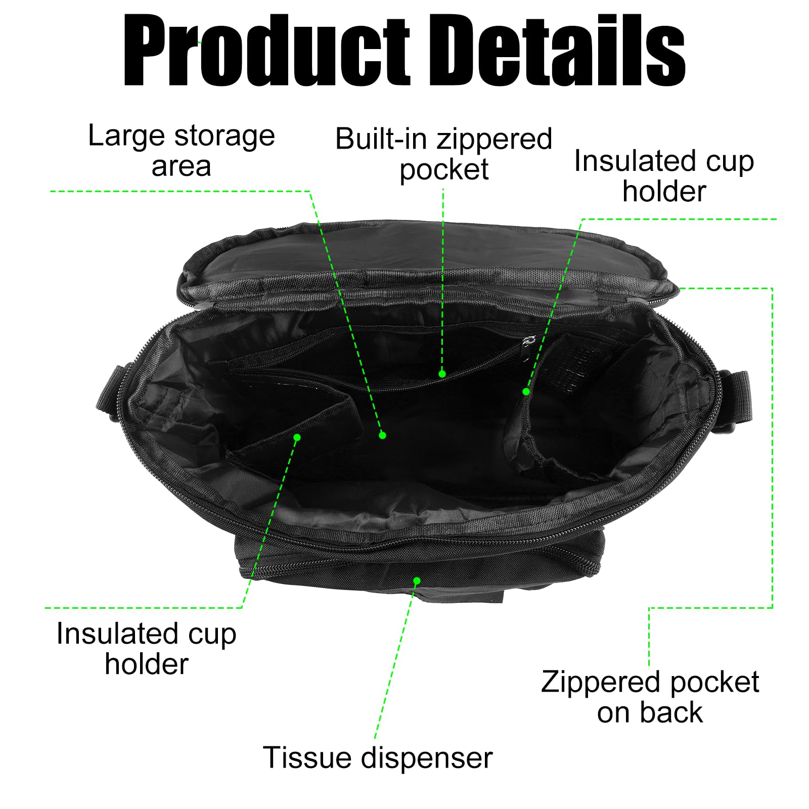 Organisateur Poussette Universel Imperméable Sac de Rangement pour Poussette en Oxford avec 2 Porte Gobelets Isothermes et Bandoulière Réglable Idéal pour Biberons, Couches et Accessoires Bébé (Noir)