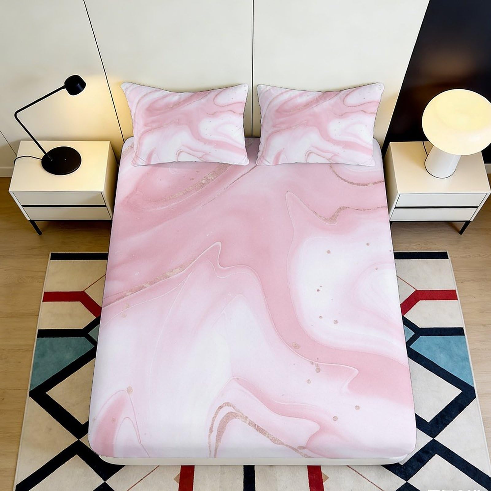 3D Printed Pink Marble Fitted Sheet Microfiber Soft Anti-Slip Pastel Swirl Bed Cover for Bedroom Guest Room Easy Care 90x200x25cm