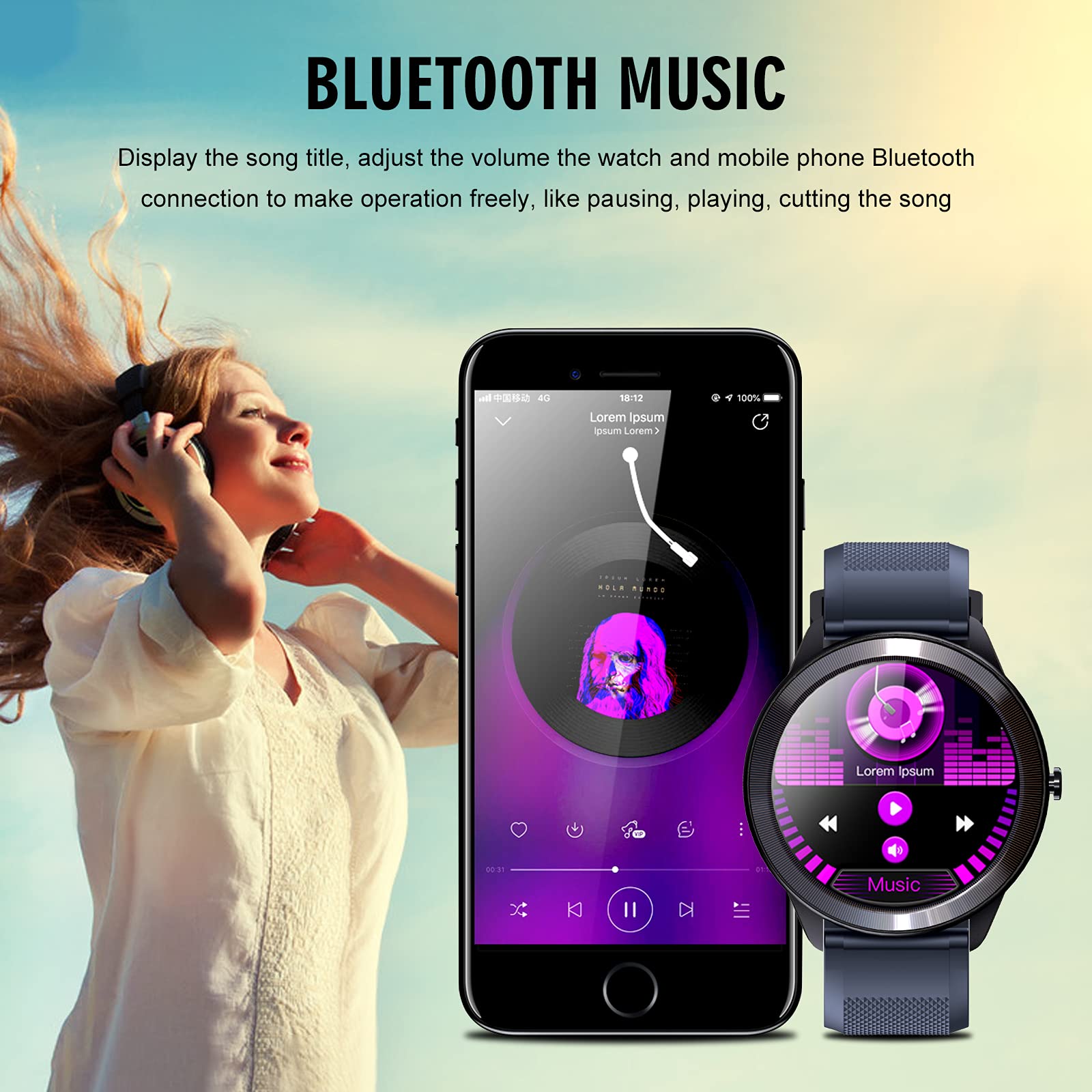 Reloj inteligente, 1.28''HD Fitness Tracker con pantalla táctil Monitor de ritmo cardíaco Cámara Control de música, reloj deportivo Bluetooth para mujeres y hombres, IP68 impermeable SmartWatch