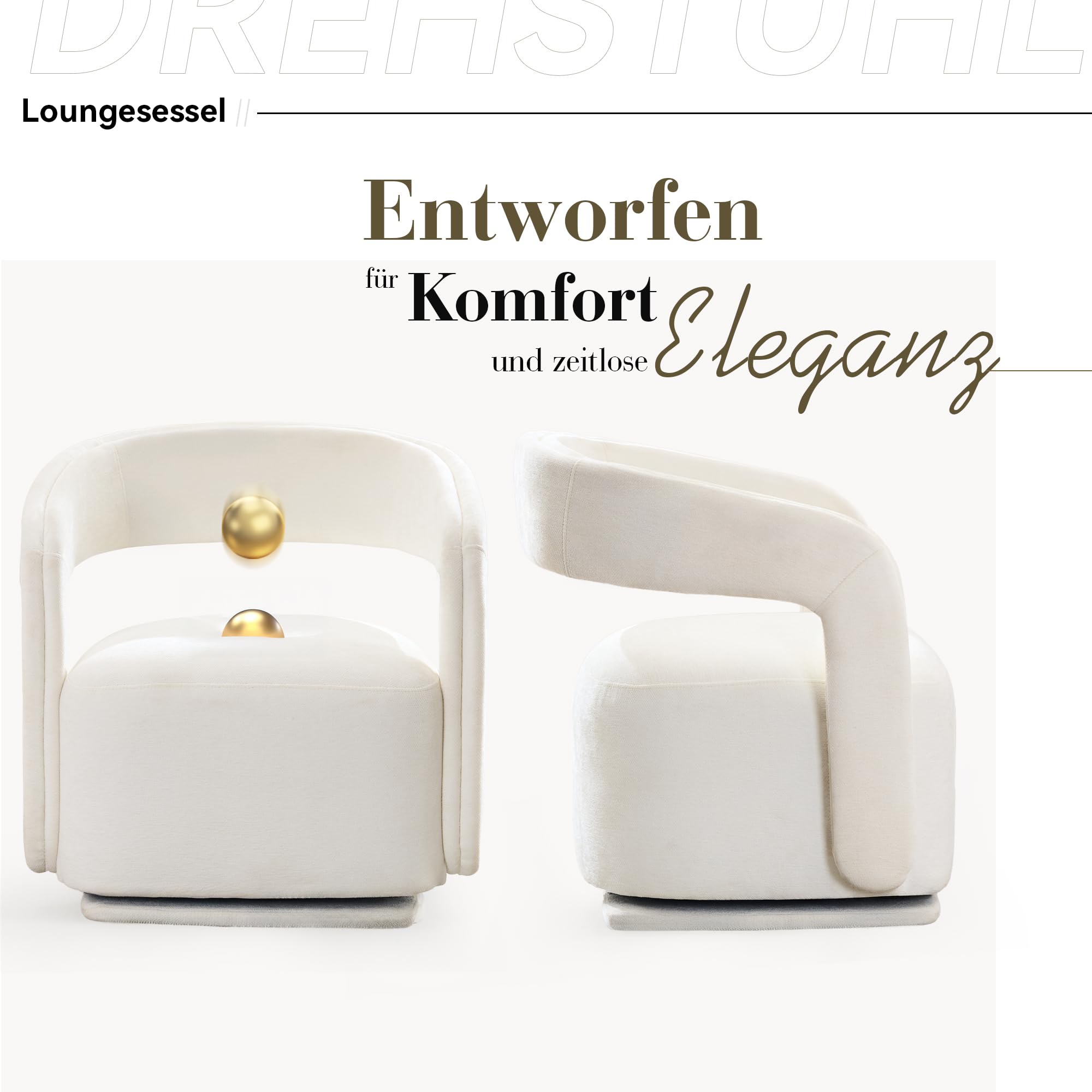DEKKETO 360° Drehbarer Polstersessel, Chenille Lounge Sessel mit Großer Sitzfläche und Geschwungener Rückenlehne, Moderner Drehsessel für Wohnzimmer, Schlafzimmer, Weiß