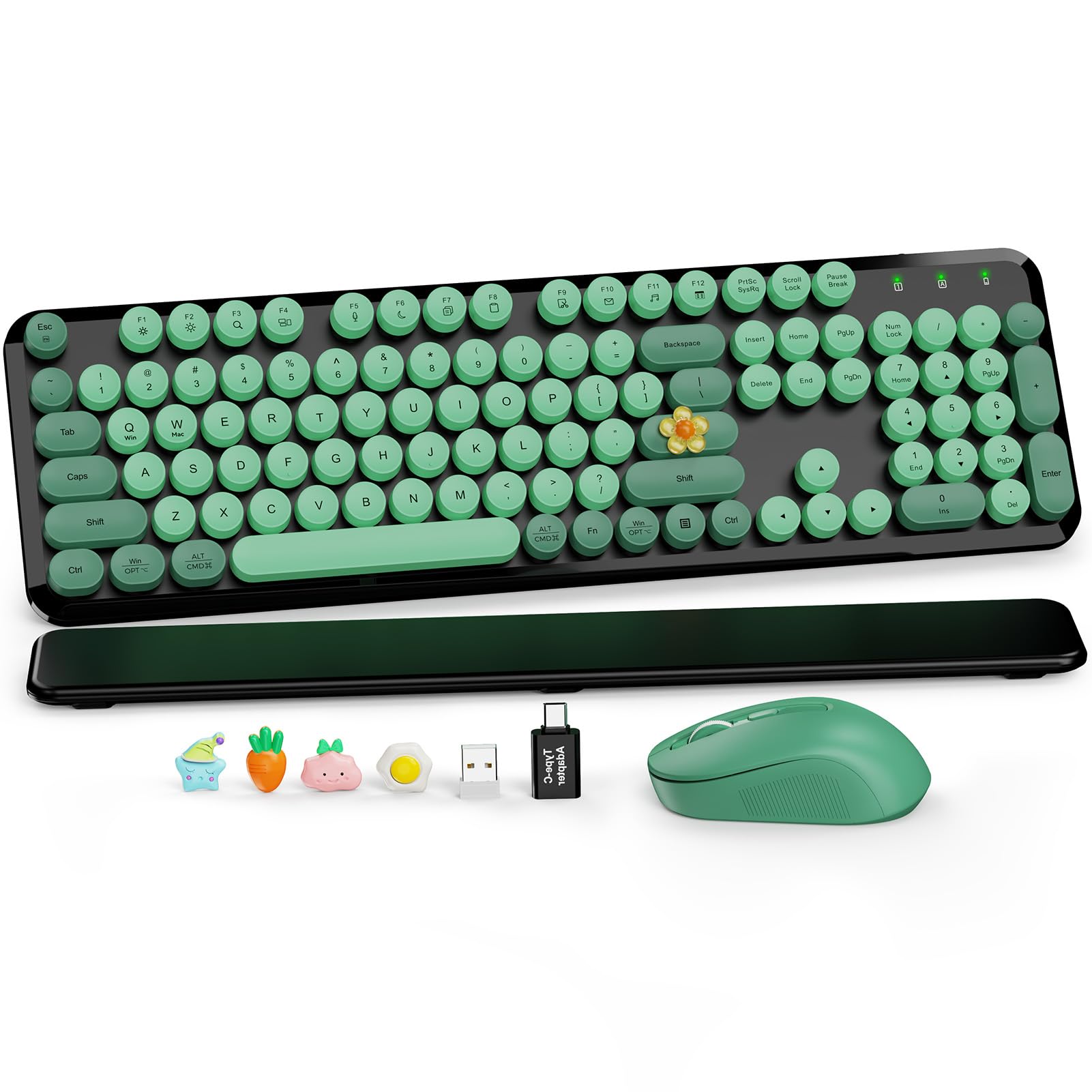 Wireless Keyboard and Mouse, Round Keycap, Magnetic Wrist Rest, Green Black | Full-Size Retro Typewriter Style, One USB Receiver, Type-C Adapter, Tilt Legs, Removable Keys, Auto Sleep, Windows & Mac Use-picture-27
