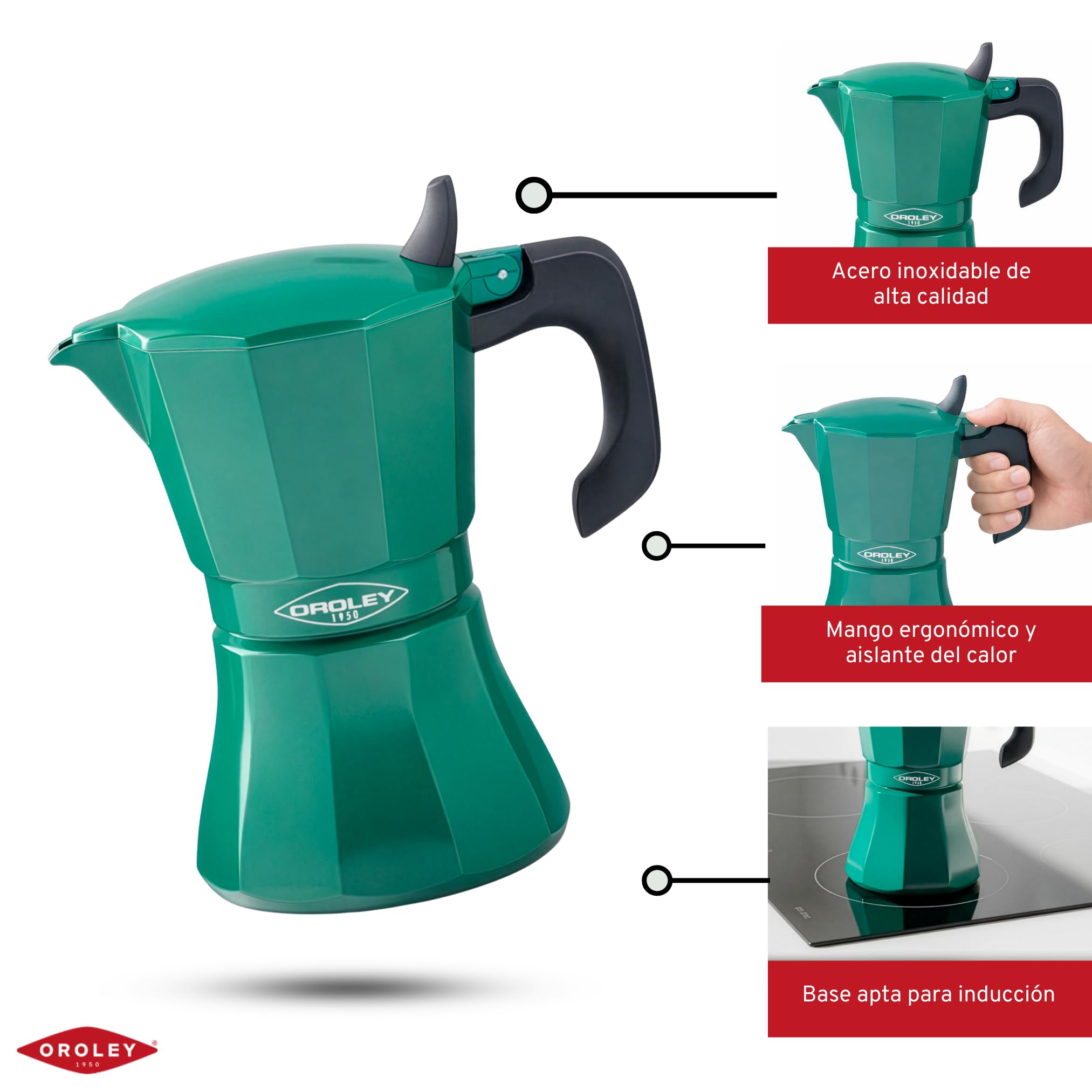 Oroley Petra Italienische Kaffeemaschine für 9 Tassen | Edelstahlboden | geeignet für Induktion, Glaskeramik, Feuer und Gas | Traditioneller Stil | Grün
