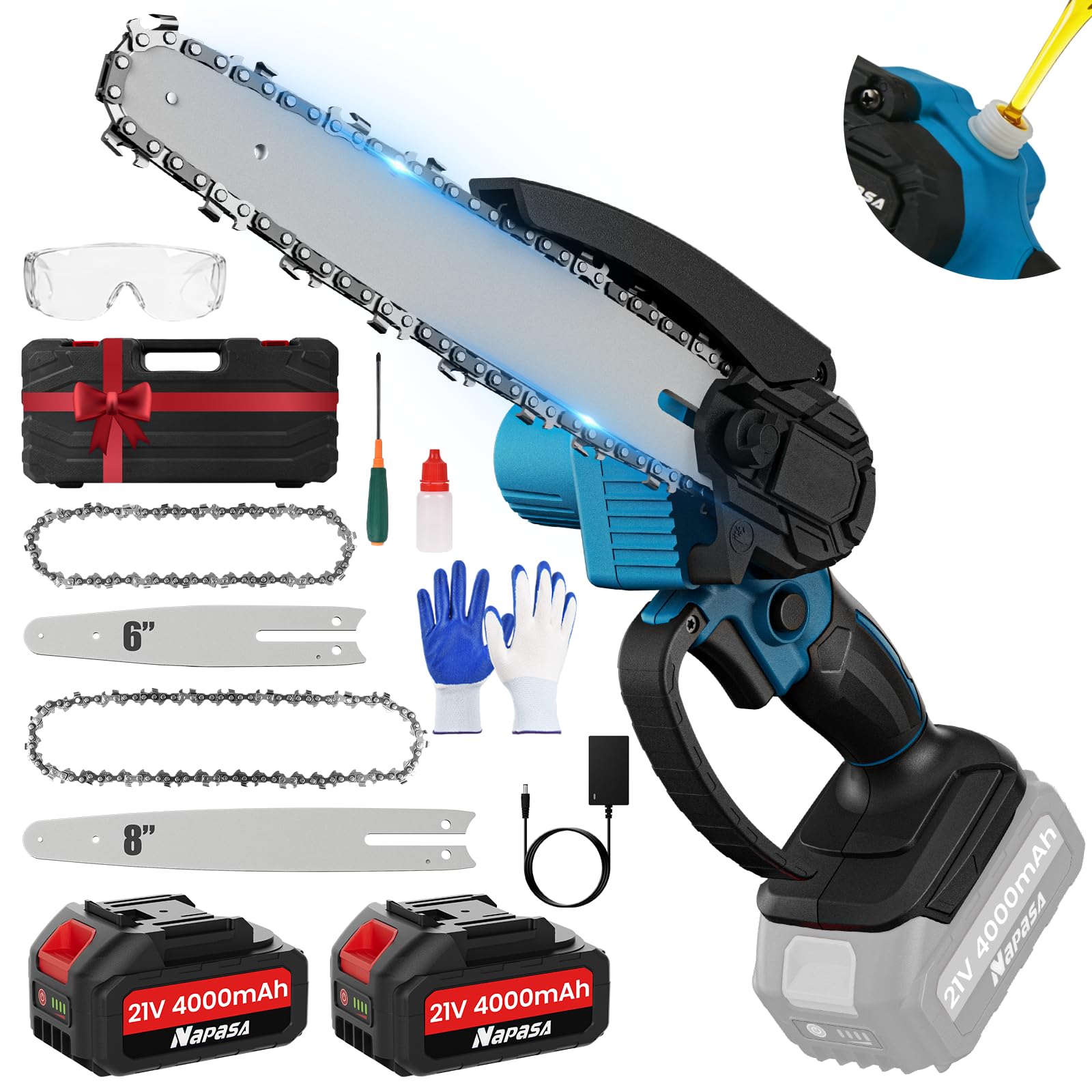 Brushless Mini Chainsaw Cordless 6 & 8 Inch, 8000mAh Battery & 2 Chains, 1100W Electric Chain saws with Safety Lock, Lightweight, Chain Saw for Wood Cutting & Tree Pruning & Auto Oiler