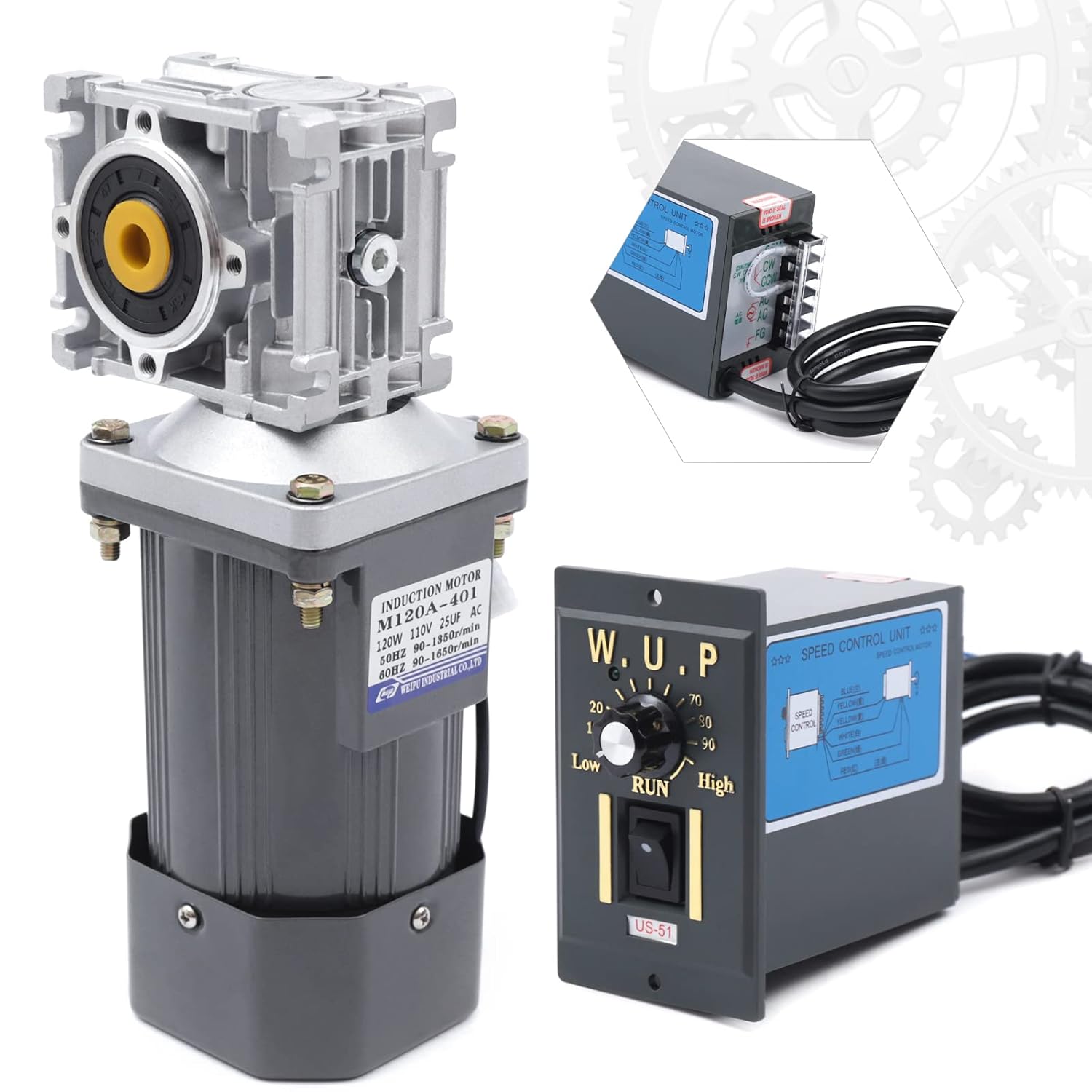 AC 110V 120W Worm Gear Reducer Motor with Speed Controller 1:40 Reduction Ratio Gearmotor Adjustable Variable Speed High Torque Reducer Motor 33 RPM