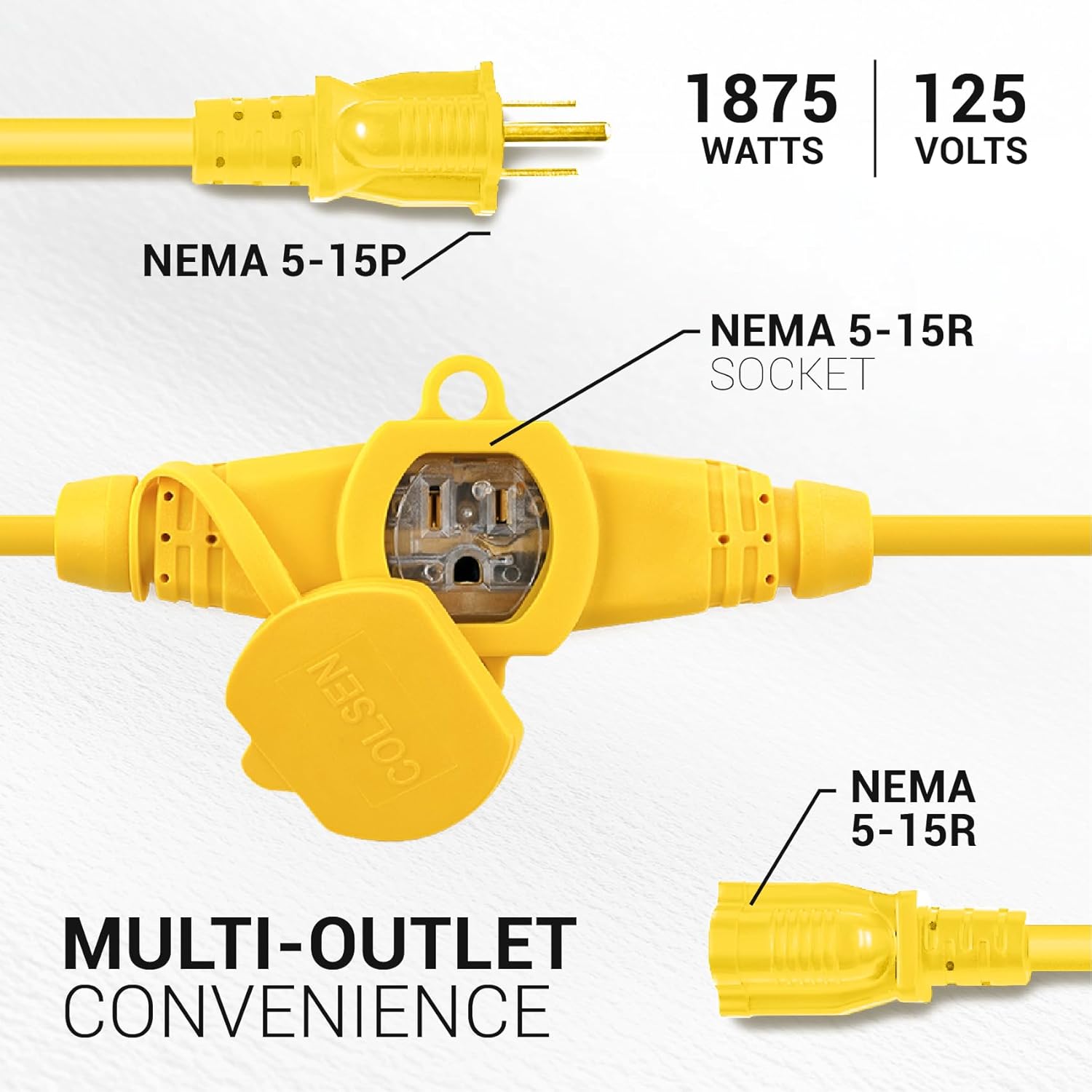 COLSEN Extension Cord with Multiple Outlets – 25 ft Heavy Duty 16 Gauge Power SJTW Cable, 15 Amp 3 Prong 6 NEMA Multi Plug, 16 AWG Male to Female Connector, 5-15R Female Socket, Outdoor/Indoor Yellow