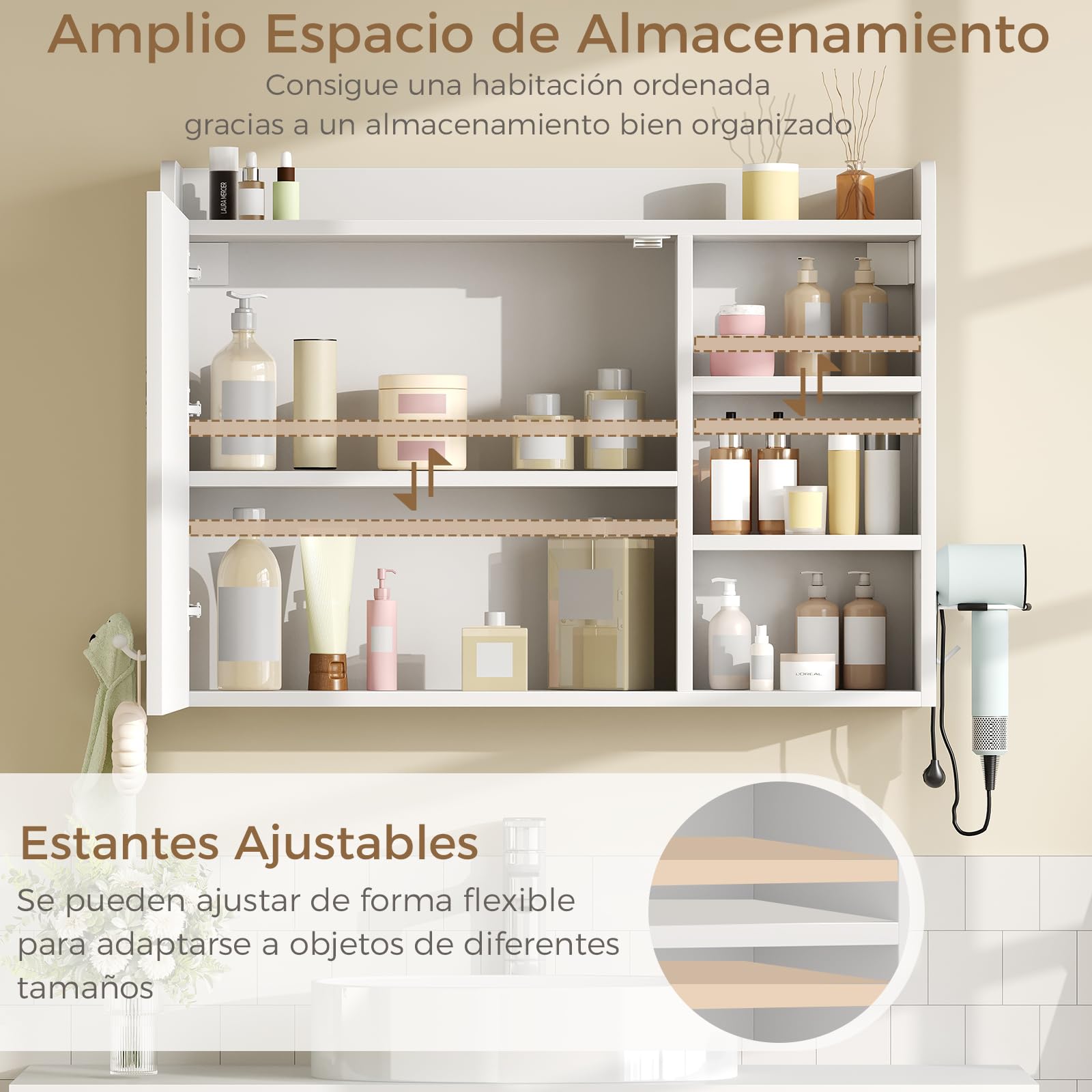 BEWISHOME Armario Espejo de Baño con Luz LED 3 Tonos Regulables | Mueble Espejo de Pared con Estantes Ajustables,Soporte y Ganchos para Secador de Pelo,Blanco 17.5 x 80 x 60 cm EYJG01W