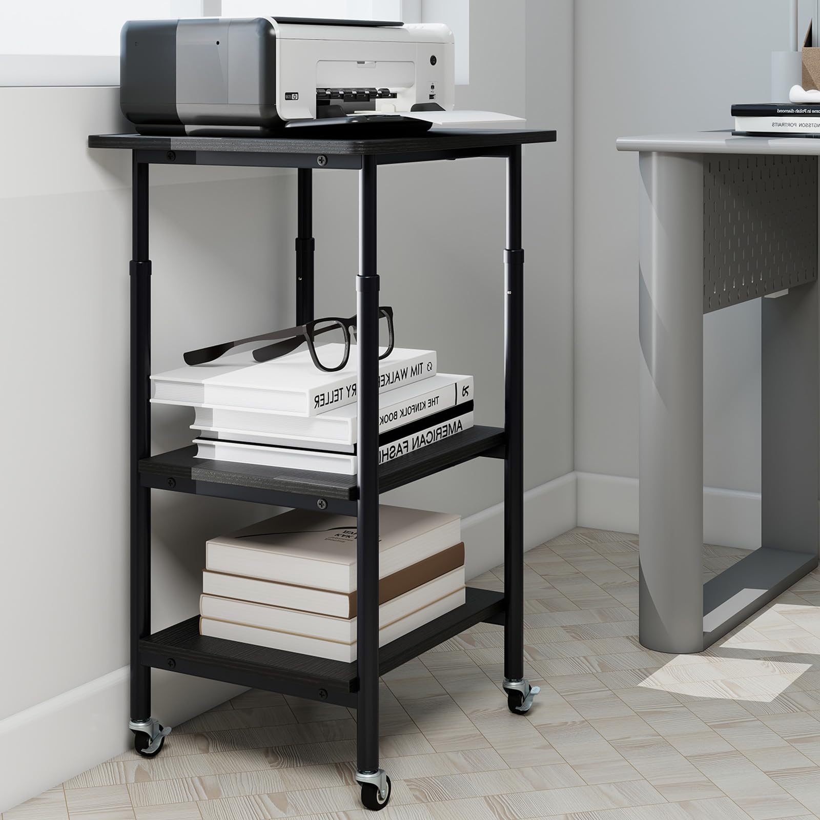 SOARS Supporto per Stampante a 3 Livelli, Tavolino Porta Stampante con Ruote Bloccabili e Altezza Regolabile, per Stampante 3D, Scanner, Fax, per Studio e Ufficio, 49 x 40 x 65/77 cm (Nero)