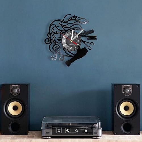 Miniatura 3 de OTKU Reloj de pared de 12 pulgadas para peluquería, salón de belleza, disco de vinilo, reloj de pared para estilista, peluquería, peluquería, retro,