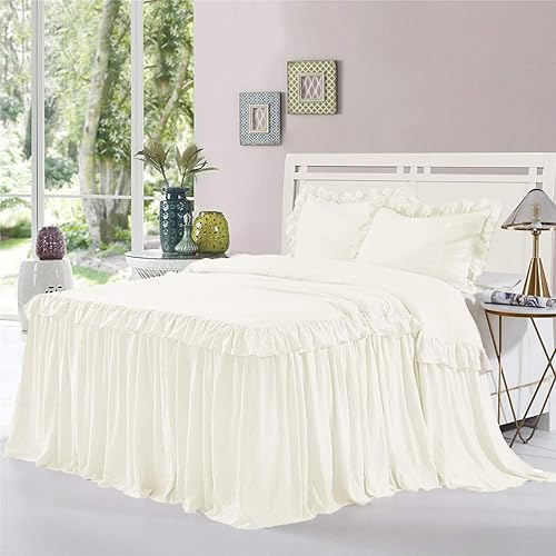 HIG Juego de colcha de 3 piezas con falda con volantes tamaño Queen, color marfil de 30 pulgadas, estilo con volantes, cubrecamas con volantes de