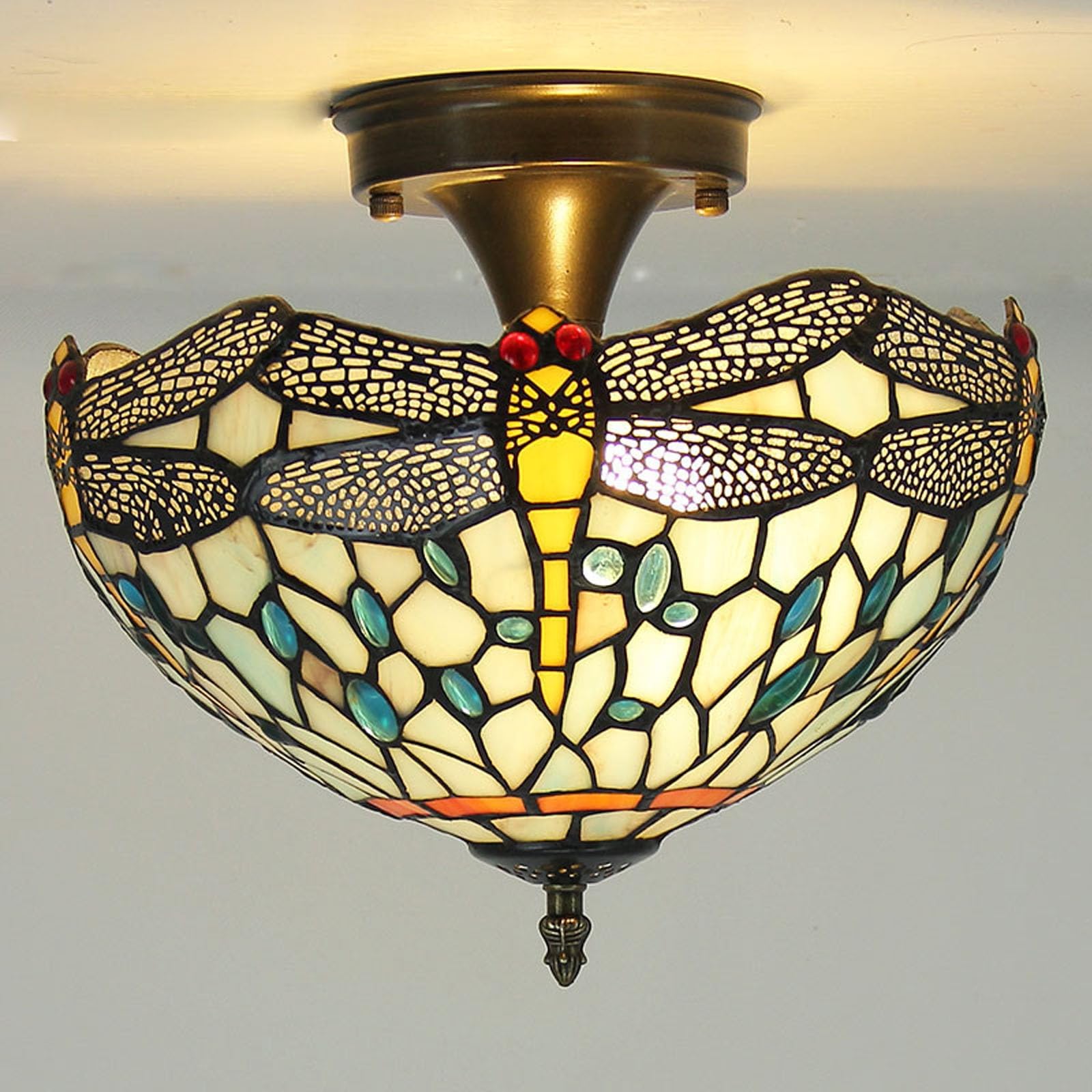 WDBZTJ Tiffany Style Ceiling Light Flush Mount, 12 inch Stained Glass Ceiling Lamp, E27 Bulb, Vintage LED Chandeliers for Living Room Bedroom(C1)