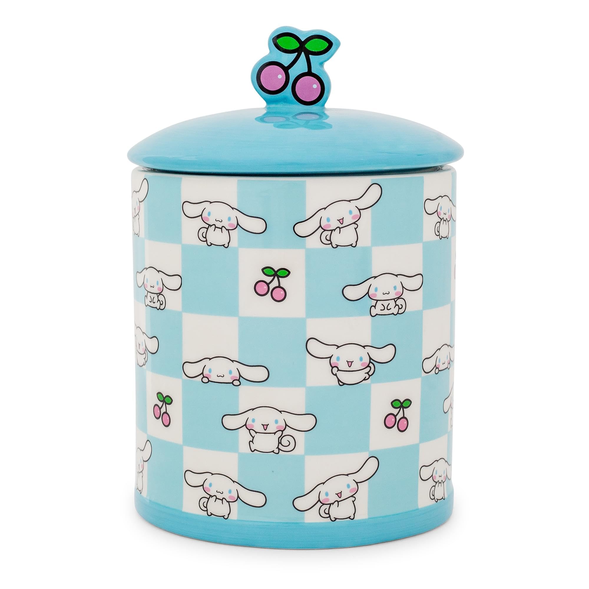 Silver Buffalo Sanrio Hello Kitty and Friends Cinnamoroll Cherries Blue Checkered Ceramic Cookie Snack Jar (Large)