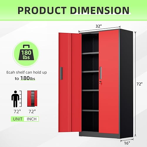 Miniatura 9 de INTERGREAT Puertas de gabinete de almacenamiento de metal, gabinete de almacenamiento de acero con bloqueo de 72 pulgadas con estantes, gabinete de