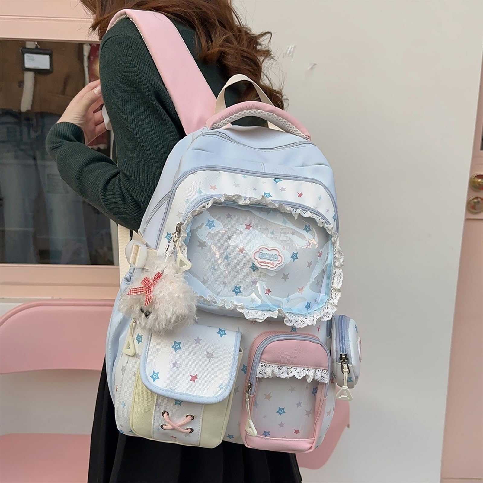 HTU Zaino da Donna in Nylon Ita con Inserto Trasparente Display Pin | Zaino Ita in nylon con display a spilla e inserto trasparente, stile Y2K, adatto a ragazze adolescenti, regali per concerti