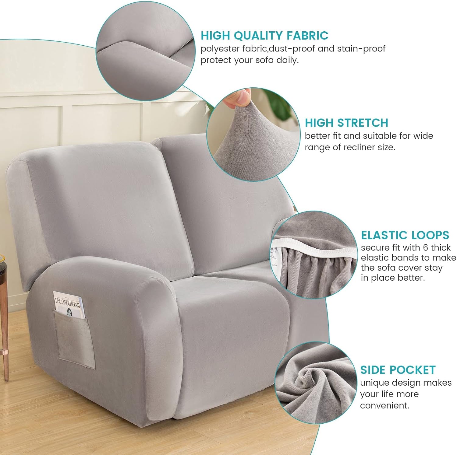 cjc 100% Velvet Recliner Chair Cover, Non Slip Mult-Pieces Recliner Covers for Recliner Chair with Pocket, Washable Reclining Chair Cover Furniture Protector for Kids, Pets (Light Gray, Loveseat)