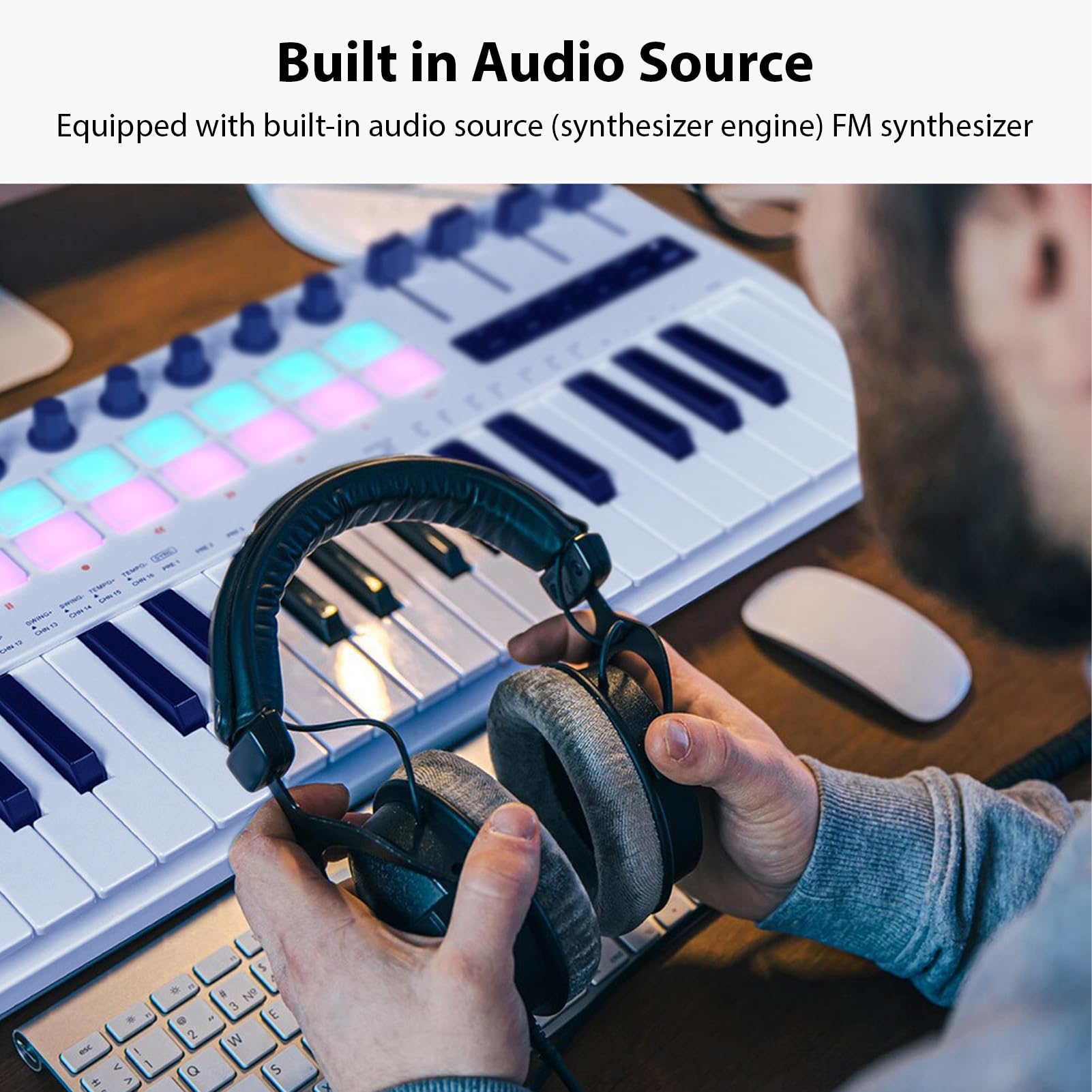Btuty Controlador de teclado MIDI de 37 teclas, controlador de producción de música, teclado de piano MIDI con 16 almohadillas de batería RGB, 8 perillas, 4 atenuadores, motor sintetizador para