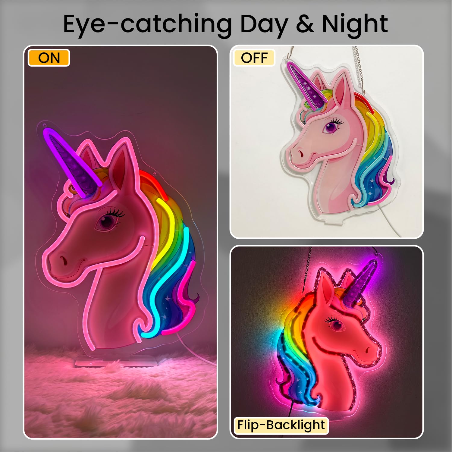 Cartel de neón LED de unicornio, luminoso, luces mágicas de unicornio, cartel de neón iluminado con base para dormitorio, habitación, pasillo, garaje, bar, sala de juegos, hombre, niña, cueva