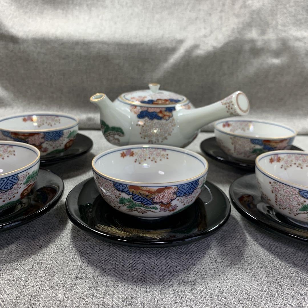 有田焼 其泉窯 染錦 春秋文 蓋付き 汲み出し / 湯呑み 5客 急須 セット