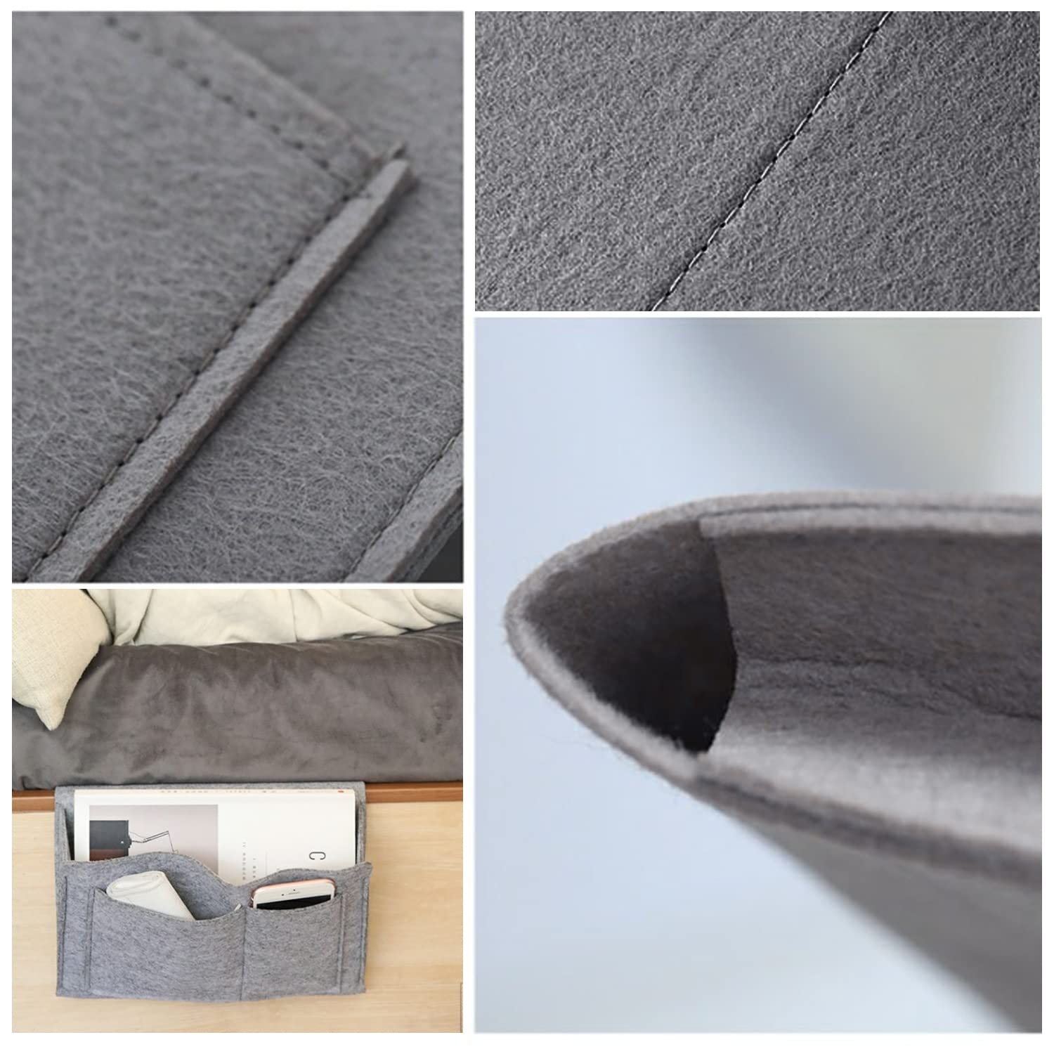 Bolsa de almacenamiento de fieltro para cabecera, organizador de noche, varios bolsillos, para revistas, libros, teléfono móvil, mando a distancia (gris)