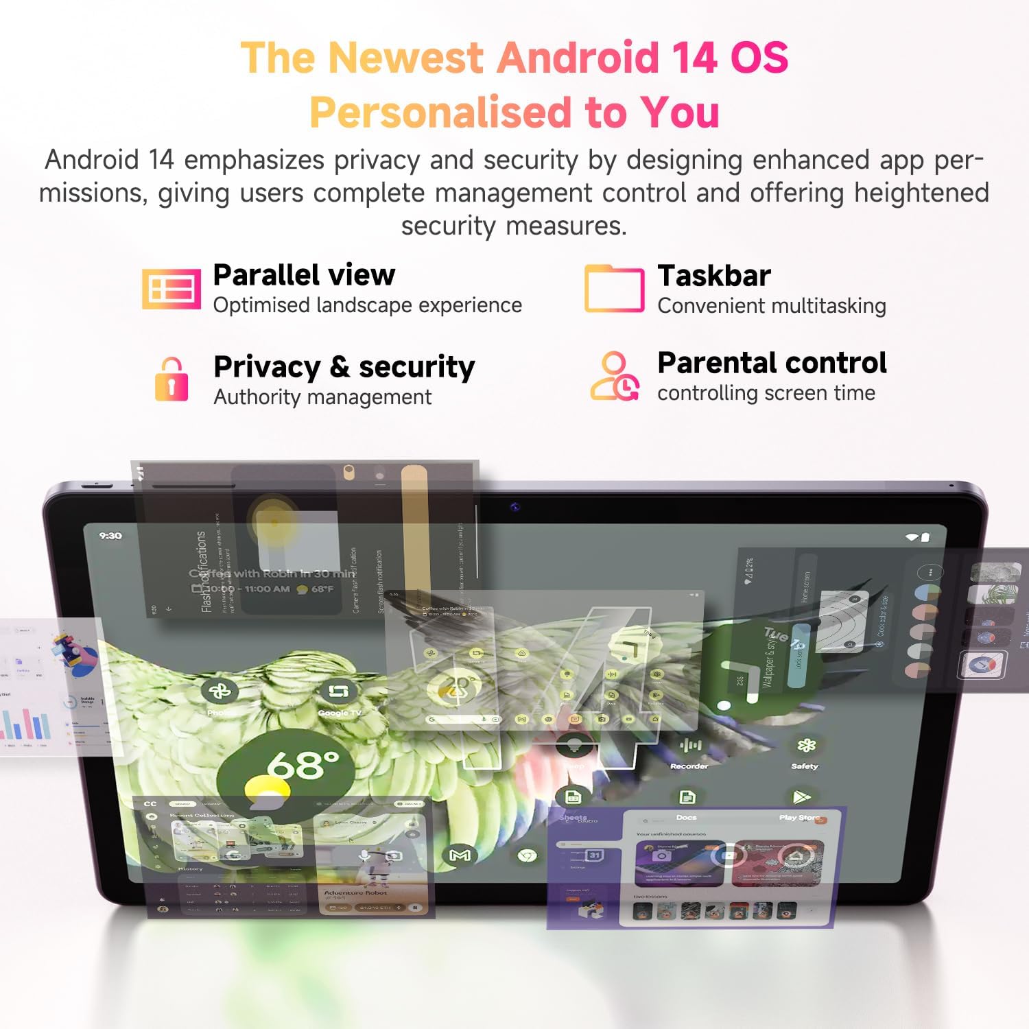 Android 14 OS features on tablet