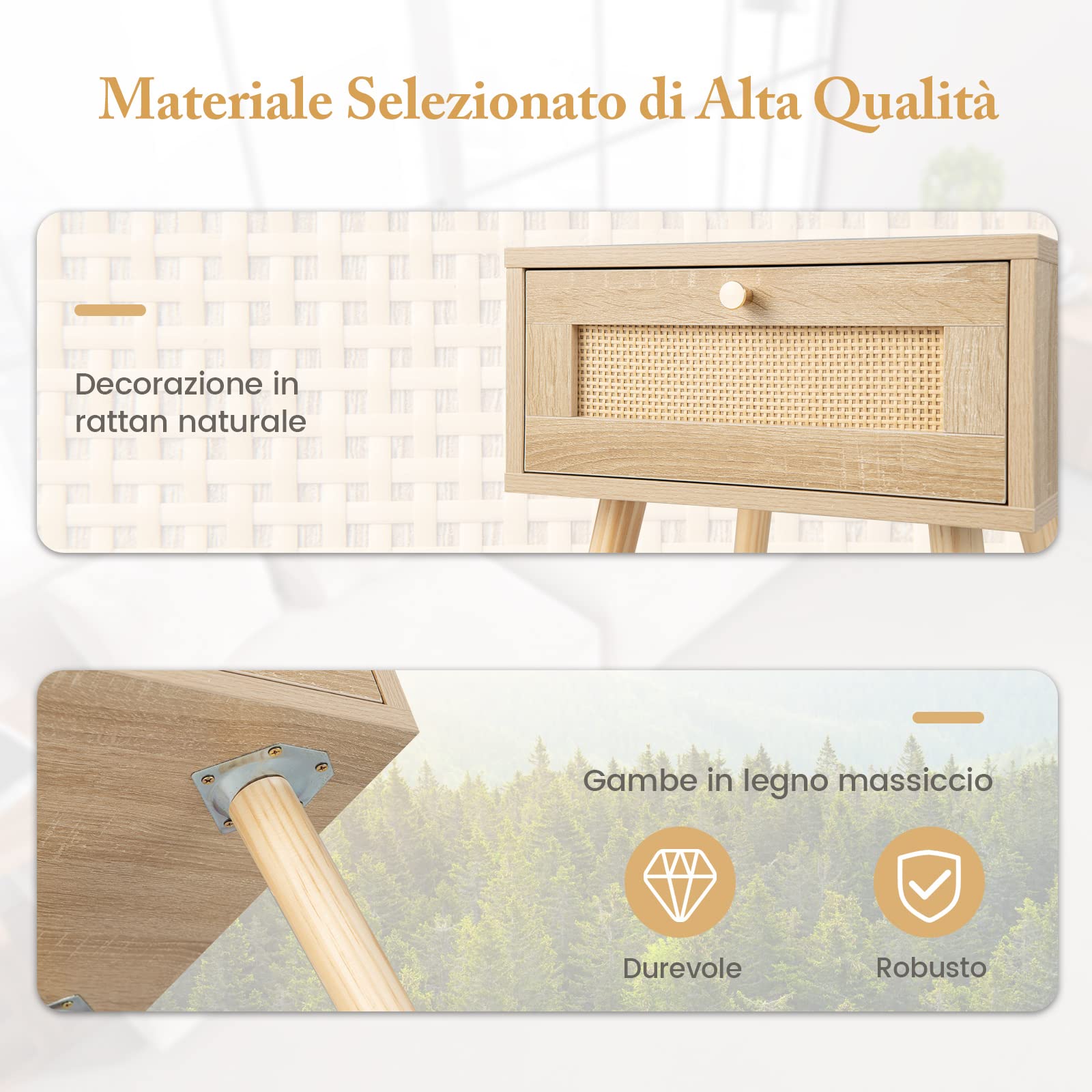 COSTWAY Set di 2 Comodini in Stile Boèmo in Legno e Rattan con Cassetto