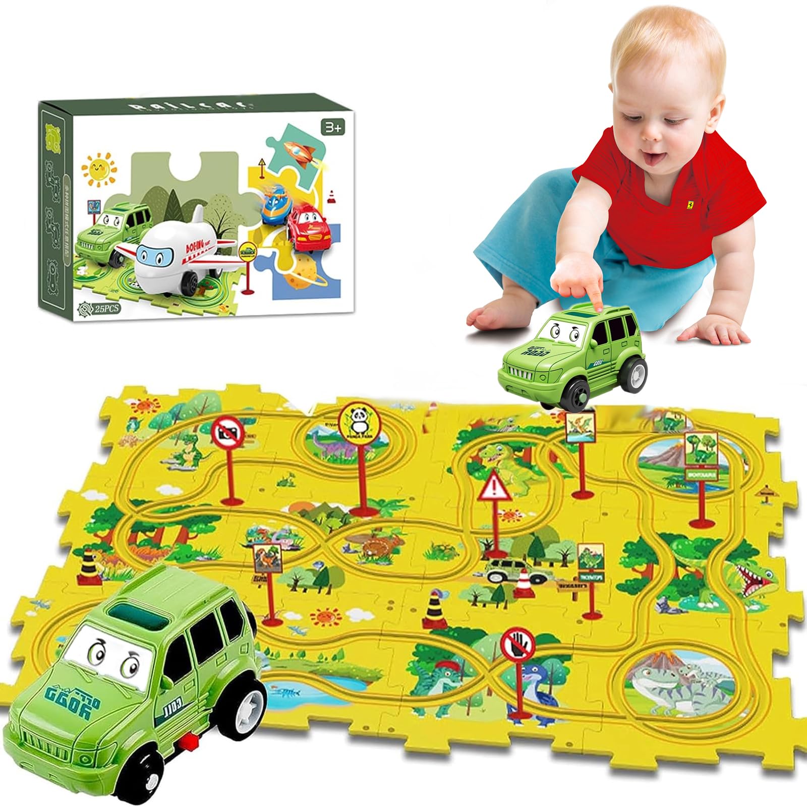 25PCS Puzzle Racer Kids Car Track Set, DIY Racer Car Track with Vehicles, Play Set for Kids Boys Girls (Dinosaur)