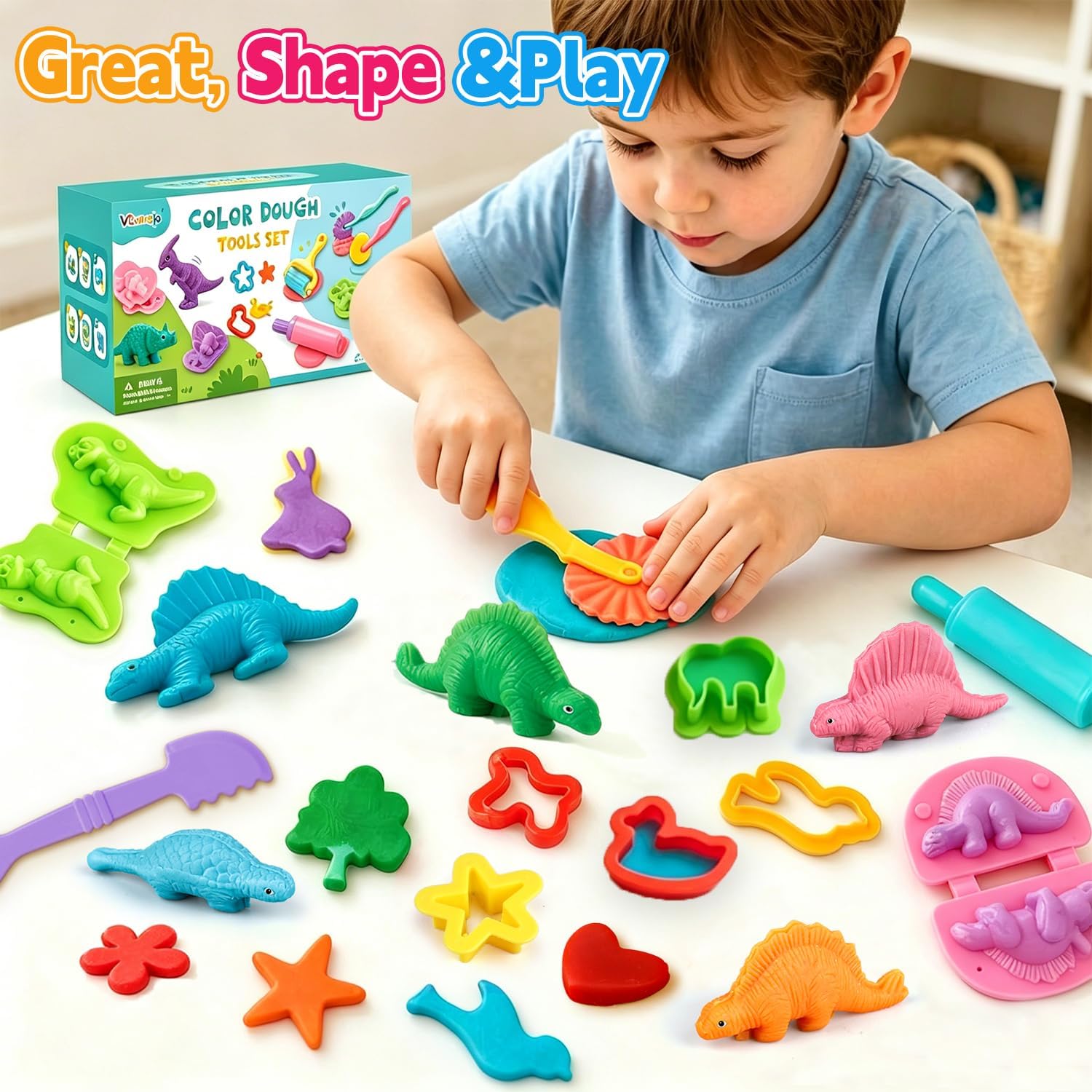 34Pcs Dough Tools Play Set with Dino Molds Animal Cutters Stamps Rollers | Safe Dough Accessories with Smooth Edges, Kids Clay Modeling Tools Set, Ages 3+