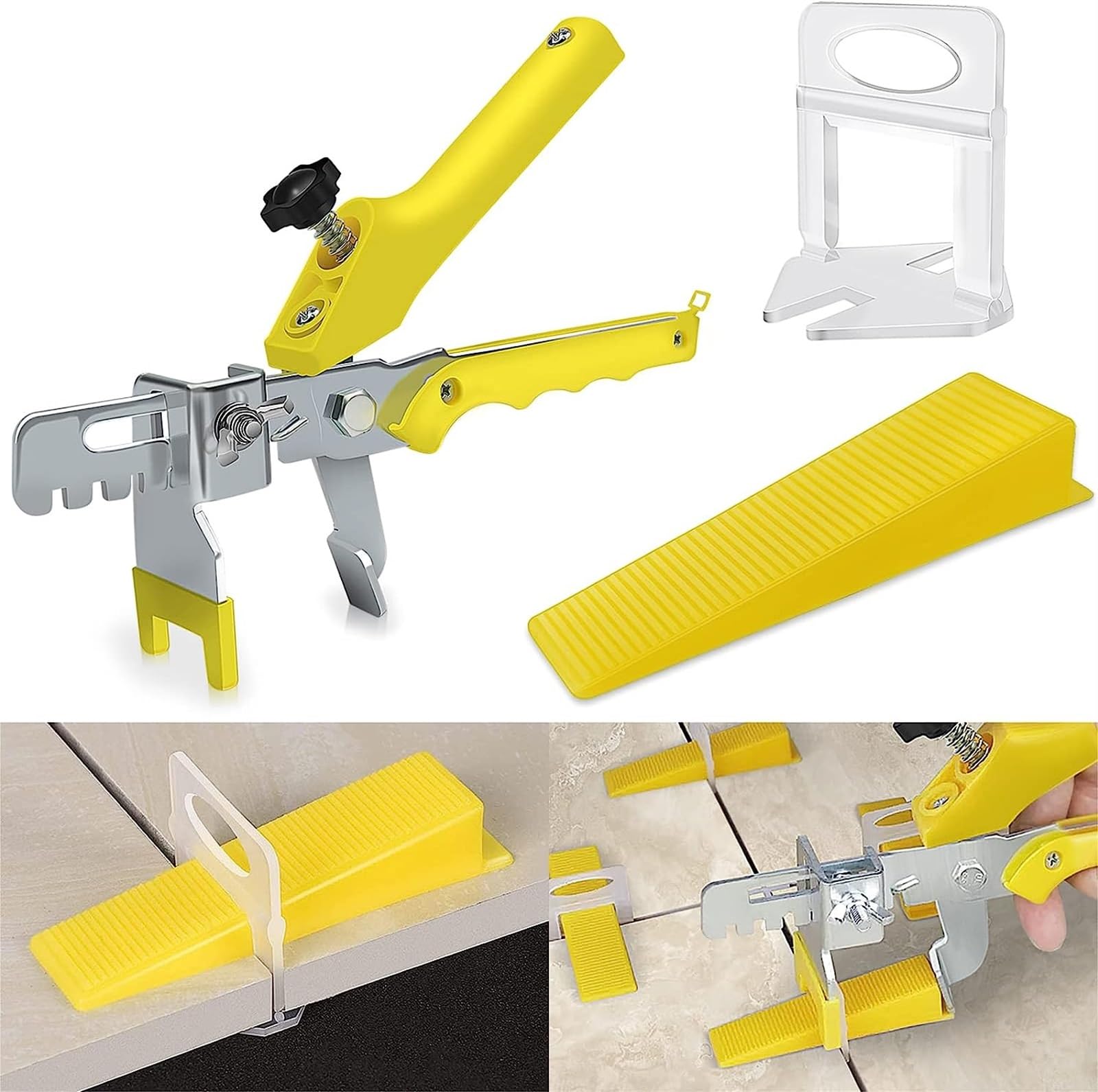 THE WHITE SHOP Tile Leveling System, 1.5 mm Tile Plier 300 Pcs Tile Spacers Clips and 100 Pcs Reusable Wedges Tile Tools Set for Stone Installation, Yellow