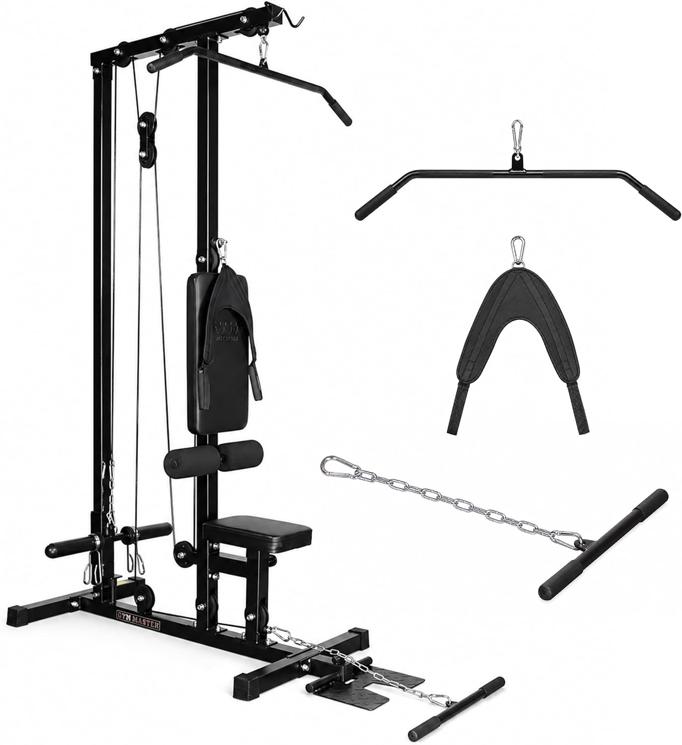 GYM MASTER gunmetal lat pulldown machine with padded seat and ab crunch vest