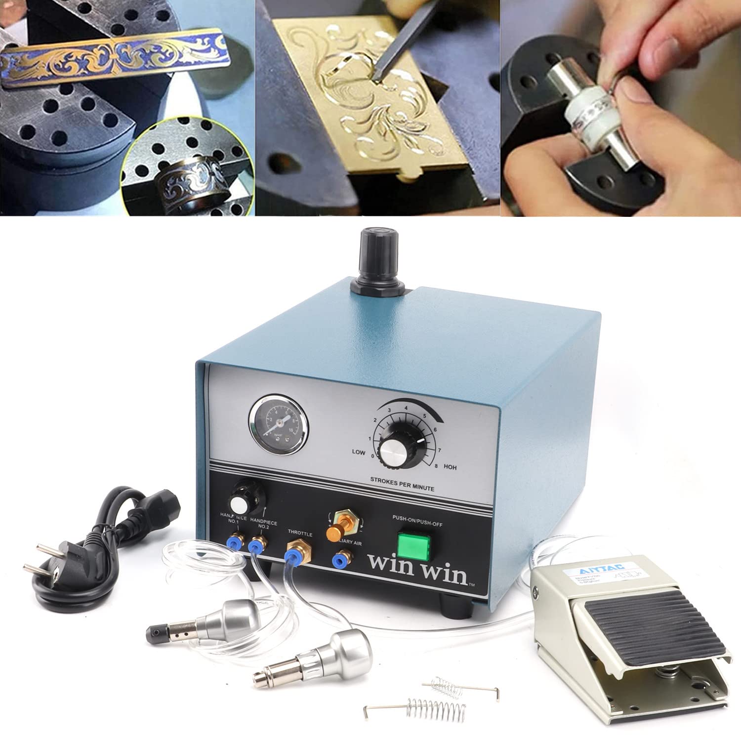 Pneumatische Graviermaschin 100-4000rpm/min Schmuck Gaviermaschine 60W Doppelseitige Schmuckstecher 110V/220 V Double Ended Drehgriff Gravieren mit Fußschalterpedal,220V
