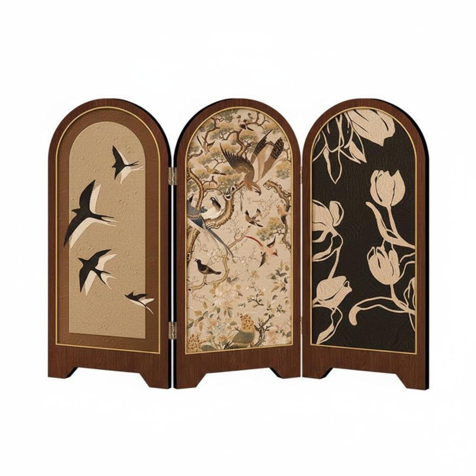 Bird Pattern Decor Screen Chinese Style Desktop Folding Screen Nostalgic Design Mini Room Divider for Tea Table Flower Dream B-image-6