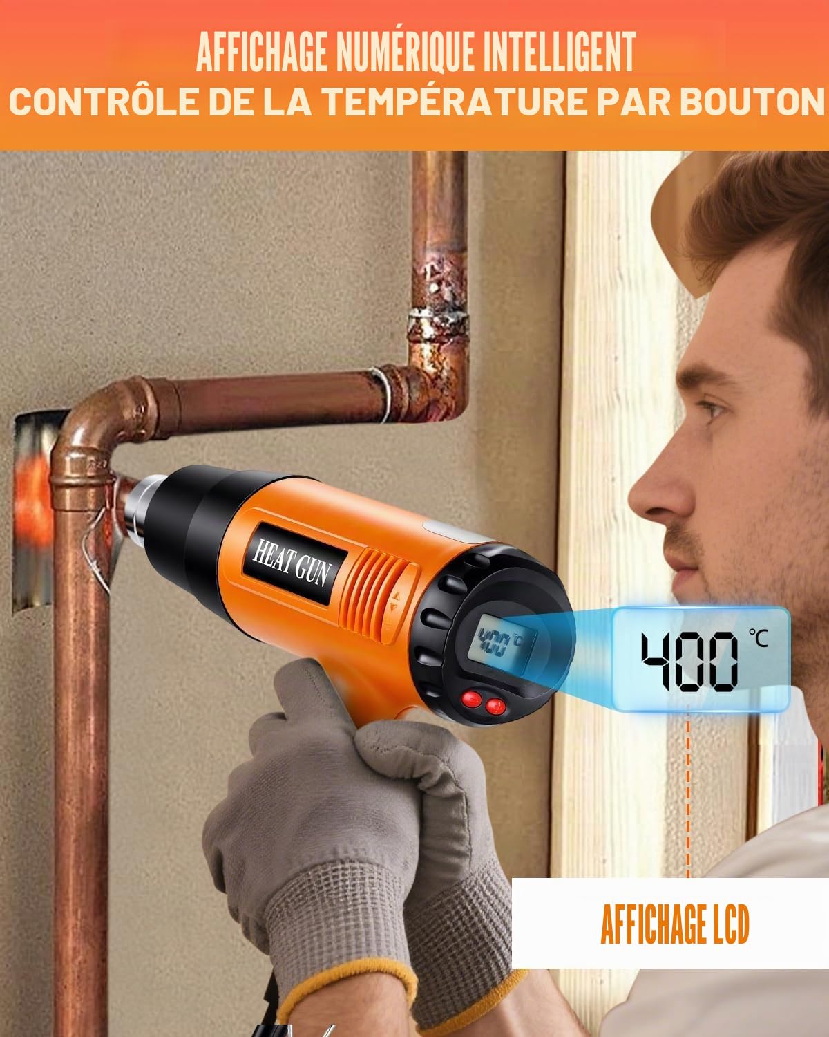 Décapeur Thermique 2000W 50-650℃ Pistolet à Air Chaud 2 Débits Protection Surcharge 6 Accessoires