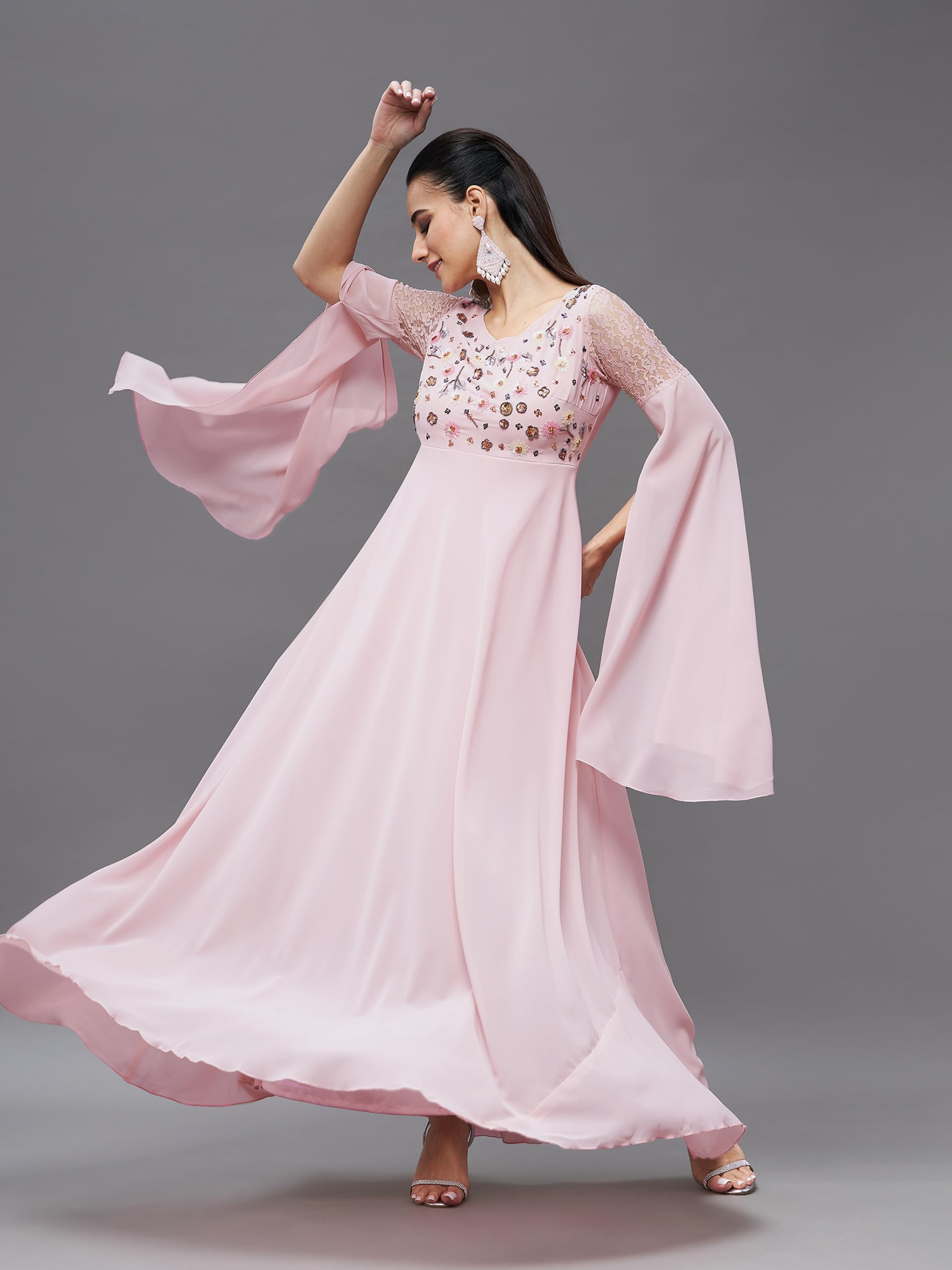 Miss Chase Women's Dusty Pink V-Neck Slit Sleeves Embroidered Maxi Dress (Mcss22D06-45-234-02, Dusty Pink, Xs)