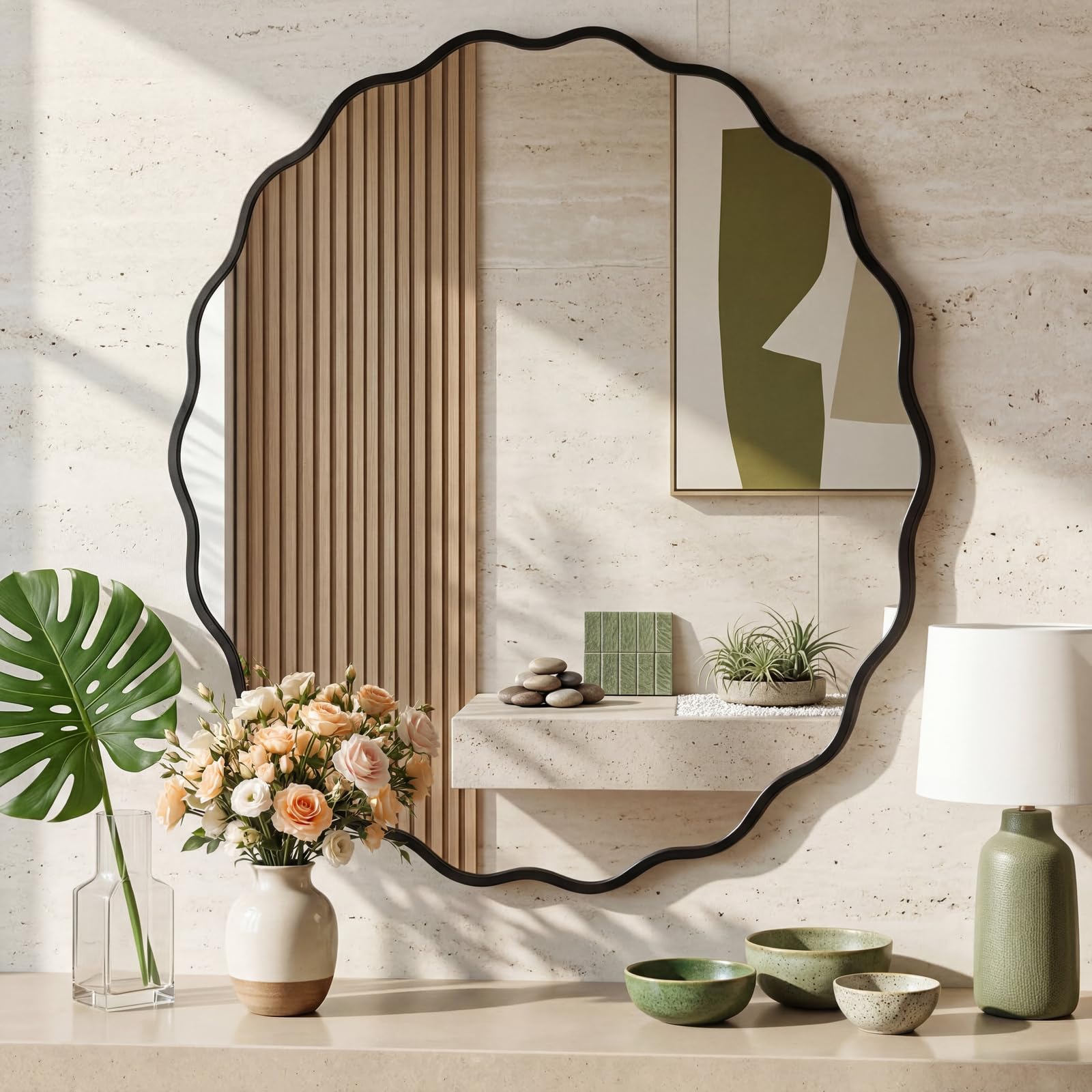 Clevich Wavy Edge Wall Mirror 80cm, Round Bathroom Mirror with Explosion-Proof Tempered Mirror,Textured Aluminum Frame, be Hung or Leaned against the Wall for Living Room/Bedroom/Hallway (Black)