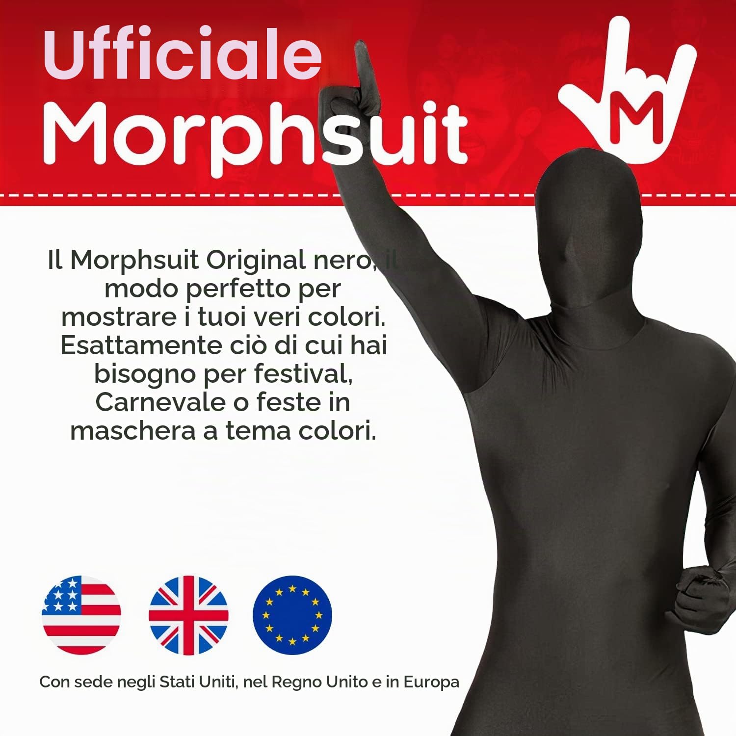 Morphsuits Morphsuit Nera Adulto, Zentai Tuta Nera Adulto, Tuta Intera Uomo, Travestimenti Carnevale Uomo, Costumi Halloween Uomo XL