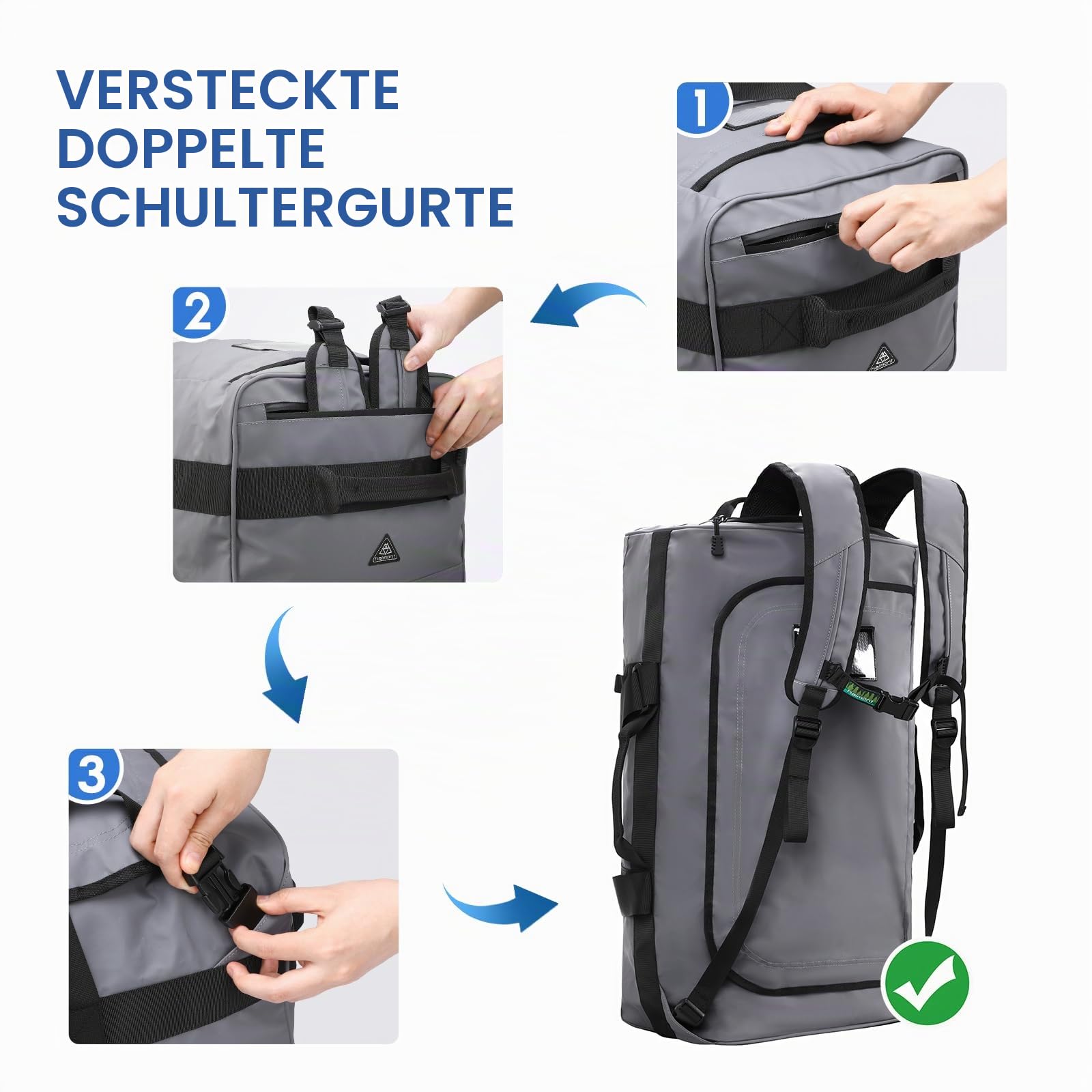 Haimont Reisetasche Sporttasche mit robusten Reisetaschen für Männer und Frauen, Camping mit umwandelbaren gepolsterten Rucksackträgern, Overnight, Wasserdicht, 90L, Grau