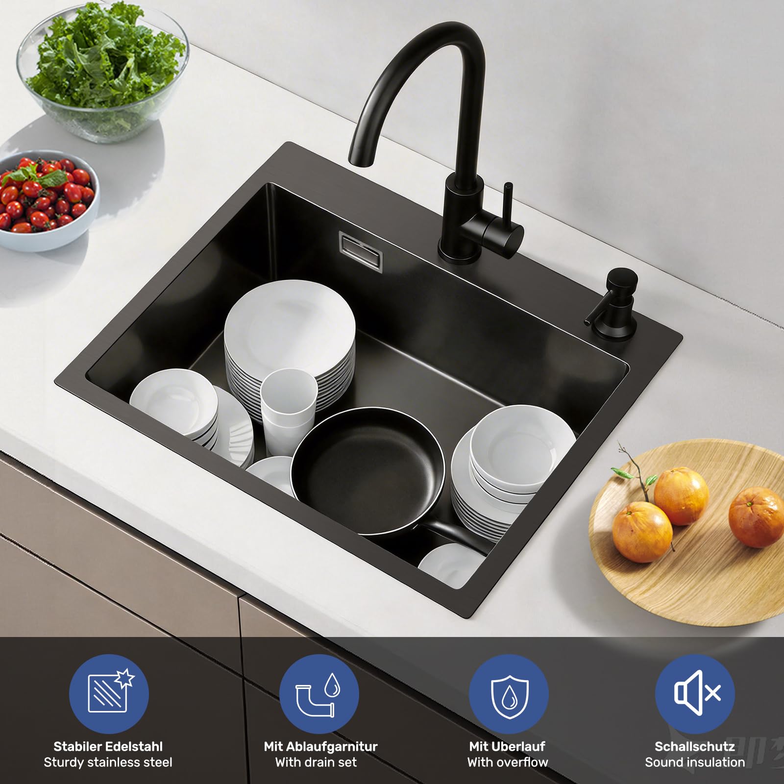 BONADE Spülbecken Schwarz 50 x 45 cm, Küchenspüle Rechteckig, 1 Becken klein, Spüle Küche mit Ab- und Überlaufgarnitur, Moderne Einzelbecken mit 2 Hahnlöcher
