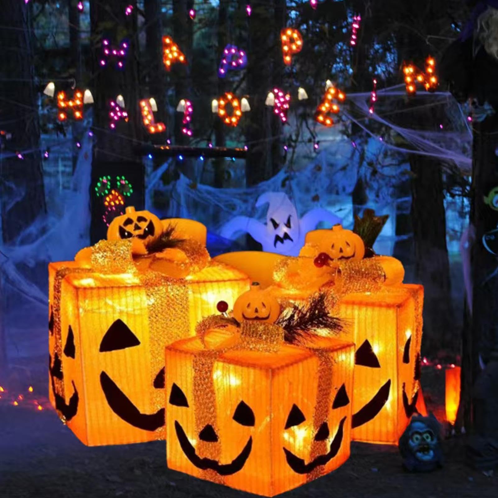 Beleuchtete Kürbis-Dekoration 3er Set Lustige Halloween LED Leuchtende