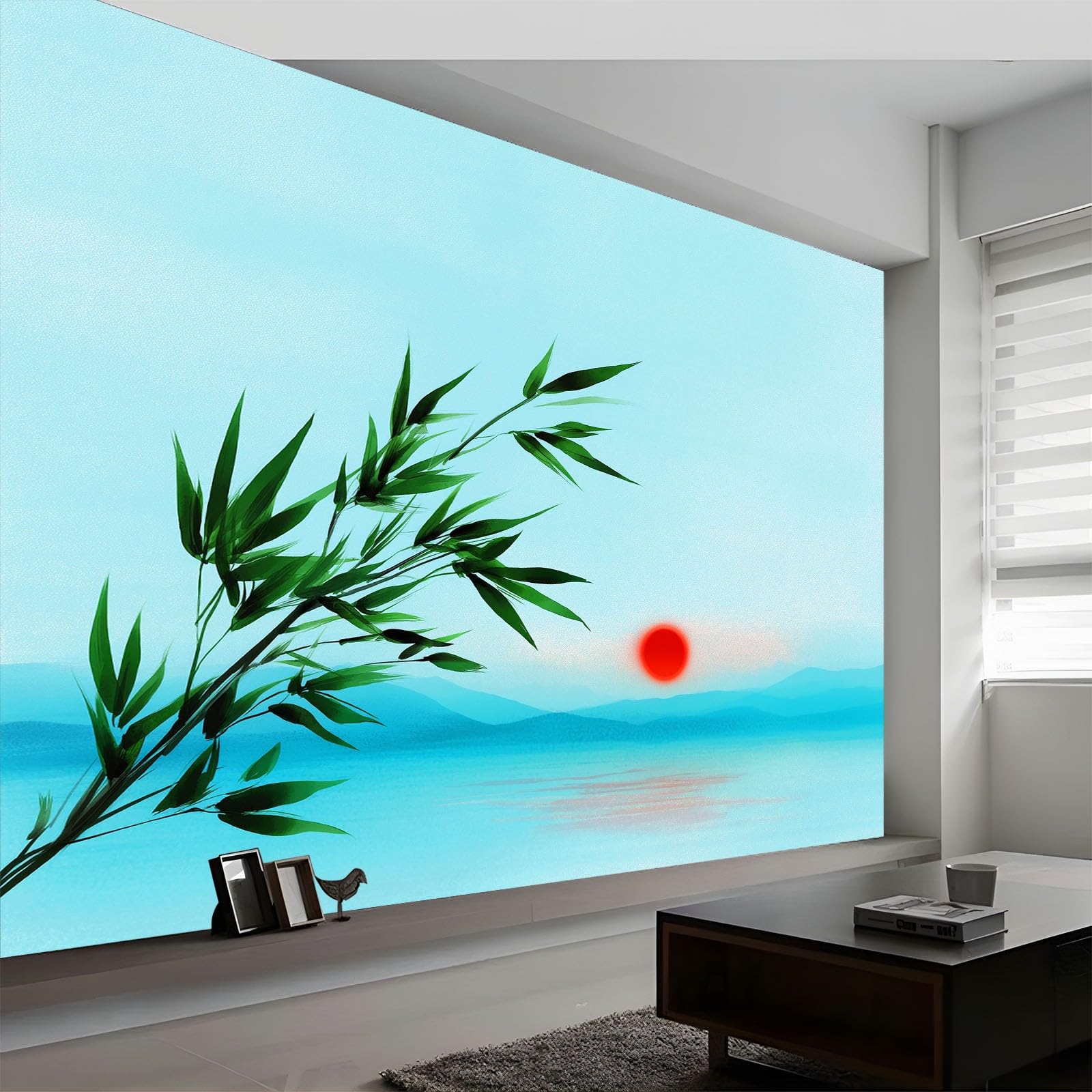 Fototapeta 3D z włókniny, 200 x 140 cm, mural ścienny, orientalny, urok, natura, rośliny, liście bambusa, mural tapeta, niebieska sztuka ścienna do salonu, sypialni, pokoju dziecięcego, telewizora